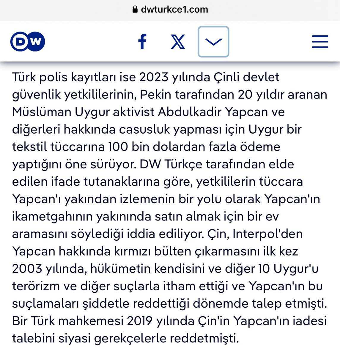 |ÖZEL ARAŞTIRMA- #ChinaTargets|

<a href="/ICIJorg/">ICIJ</a> - <a href="/dw_turkce/">DW Türkçe</a> ve medya ortakları, Çin'in kırmızı bülten hedeflerinden sekiziyle görüştü ve 2016'daki reformlardan sonra takip edilen yaklaşık 50 vakayı inceledi

🔎 Çin'in baskı kampanyasında Interpol'ün rolü ne?

👉dwturkce1.com/tr/icij-ara%C5…