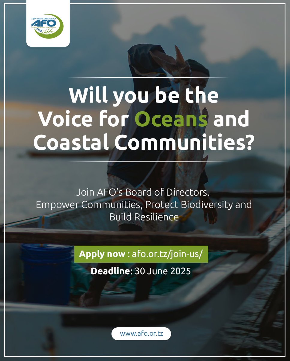 Will you be the voice for oceans and coastal communities?
Aqua-Farms Organization is looking for passionate leaders to join our Board of Directors!
Empower communities, protect biodiversity, and build resilience.
📝 Apply now: afo.or.tz/join-us/
⏳ Deadline: 30 June 2025