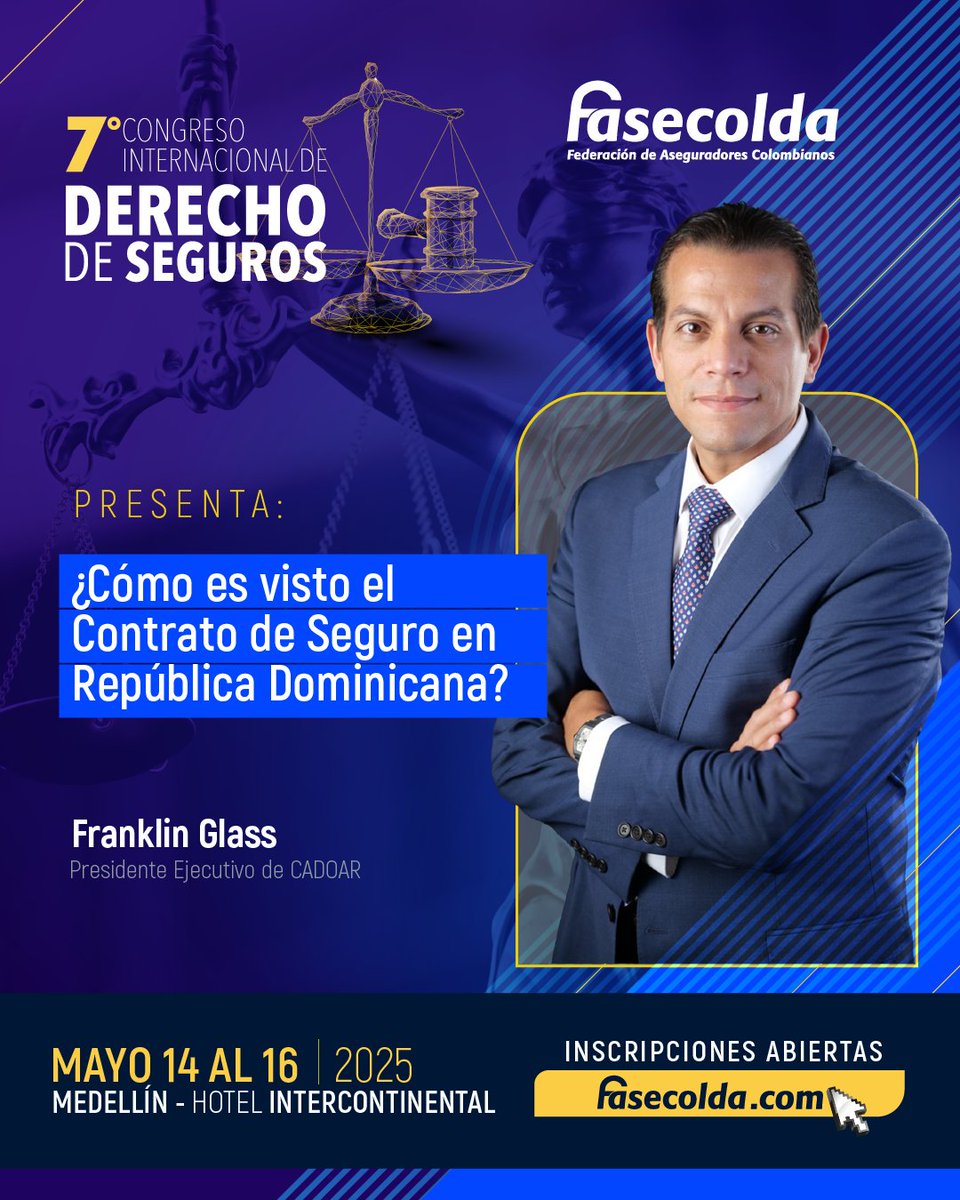 ¿Cómo ha evolucionado el contrato de seguro en República Dominicana? 📜💼 Franklin Glass, de <a href="/cadoarRD/">CADOAR</a>, analizará los desafíos y oportunidades regulatorias en el #CongresoFasecolda de Derecho de Seguros 2025. ¡No te lo pierdas! 🔗 fasecolda.com/eventos/evento…