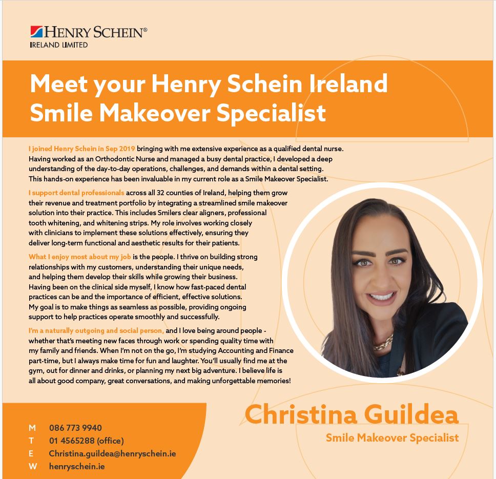 Meet Chrissy!

Chrissy has been with us since 2019 and is our Confident Smile Makeover Specialist.

Want to know more about her role? Contact her on 086 773 9940 or on Christina.guildea@henryschein.ie

When she is not out helping improve smiles, she studies Accounting &amp; Finance