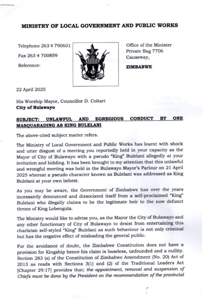 daddyhope's tweet photo. Dear @nickmangwana 

Why is the ZANUPF government angry that Bulawayo Mayor David Coltart met with “King” Bulelani kaLobengula, yet it does not show the same anger towards ZANUPF officials who met with “King” Mutapa at official functions, where he was even wearing a jacket bearing an official government crest and an inscription affirming his claim as King Mutapa?

More importantly, is it appropriate for a cabinet minister like Daniel Garwe to call out “King” Bulelani kaLobengula with insulted like charlatan, a fraud and an impostor? 
Is it the right tone or choice of diction expected from a cabinet minister when addressing issues that are rooted in an ethnic group’s culture and traditional sensitivities?
Is it right to insult someone who is respected and held in high esteem for cultural reasons in his community, and why not use language synonymous with a cabinet minister?

Doesn’t the government’s criticism of Mayor Coltart for meeting with “King” Bulelani kaLobengula, while not extending the same criticism to ZANUPF officials who met with “King” Mutapa, raise questions about fairness and equality in acknowledging the significance of cultural figures, regardless of the Constitution’s reading.

Is it not the case, Nick, that your government only began speaking against “King” Mutapa when he spoke out against Emmerson Mnangagwa? 
Is it not true that all along you tacitly endorsed his claim by keeping quiet when he was politically aligned with ZANUPF?

Do you realise how painful it is for the Ndebele people to have their cultural representative insulted by a former Rhodesian soldier like Garwe?
