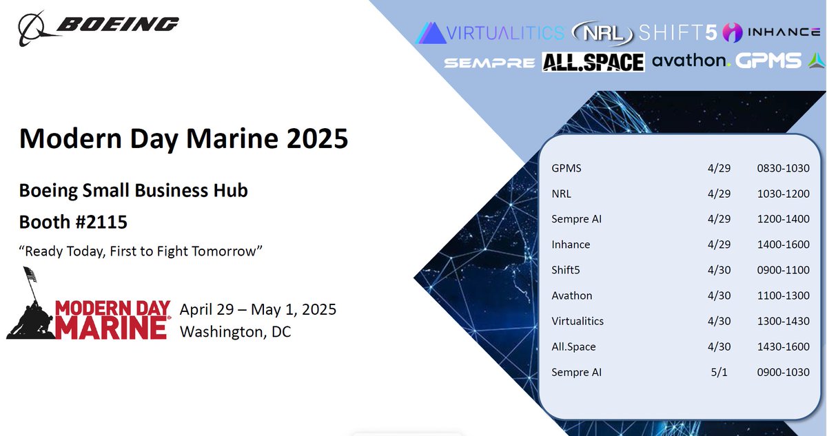 Proud to see our CEO Maziar Farzam representing <a href="/InhanceDigital/">Inhance</a> at #ModernDayMarine! Catch him at Boeing’s booth (#2115) showcasing our cutting-edge #MixedReality tech for military training + readiness.
#XR #AI #DefenseInnovation #Boeing