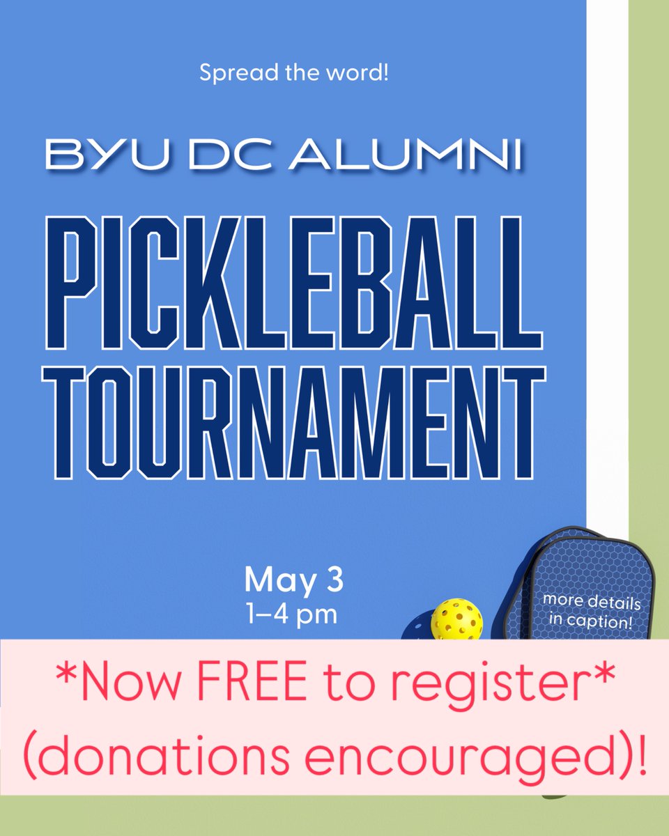 BYUALUMNIDC's tweet photo. *UPDATE* The pickleball tournament is now FREE to enter! (But any size donation to help us raise funds for scholarships would be so appreciated 🫶🏻)

Register at: https://t.co/6xD8TYlIcO

#pickleball #pickleballtournament https://t.co/lue7oAmdyU