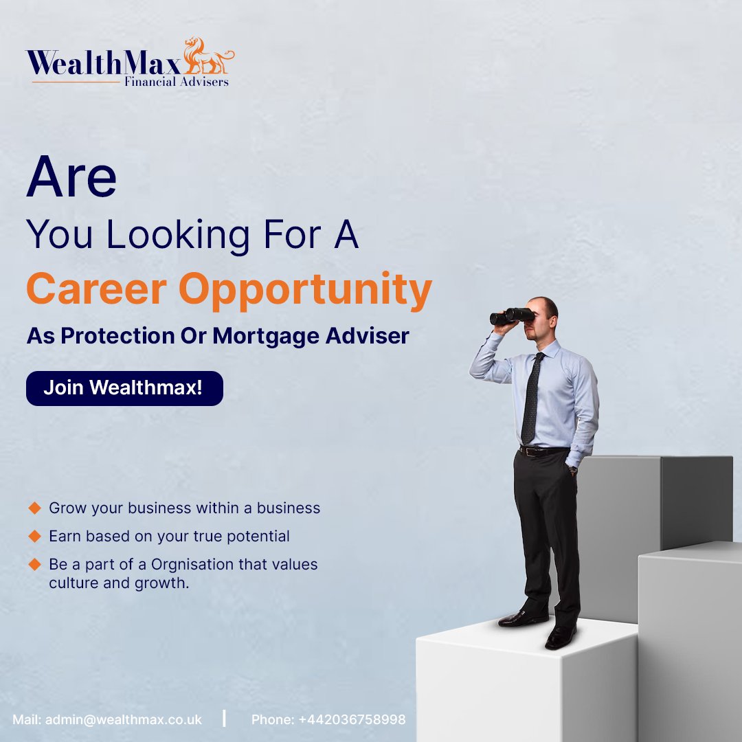 Your Future in Financial Services Starts Here!
Looking for an #opportunity to grow, earn, and thrive in the financial industry?

Join Wealthmax as a #Mortgage or #Protection adviser and take charge of your career.

wealthmax.co.uk
.
.
#HiringNow #recruitment #tuesdayvibe