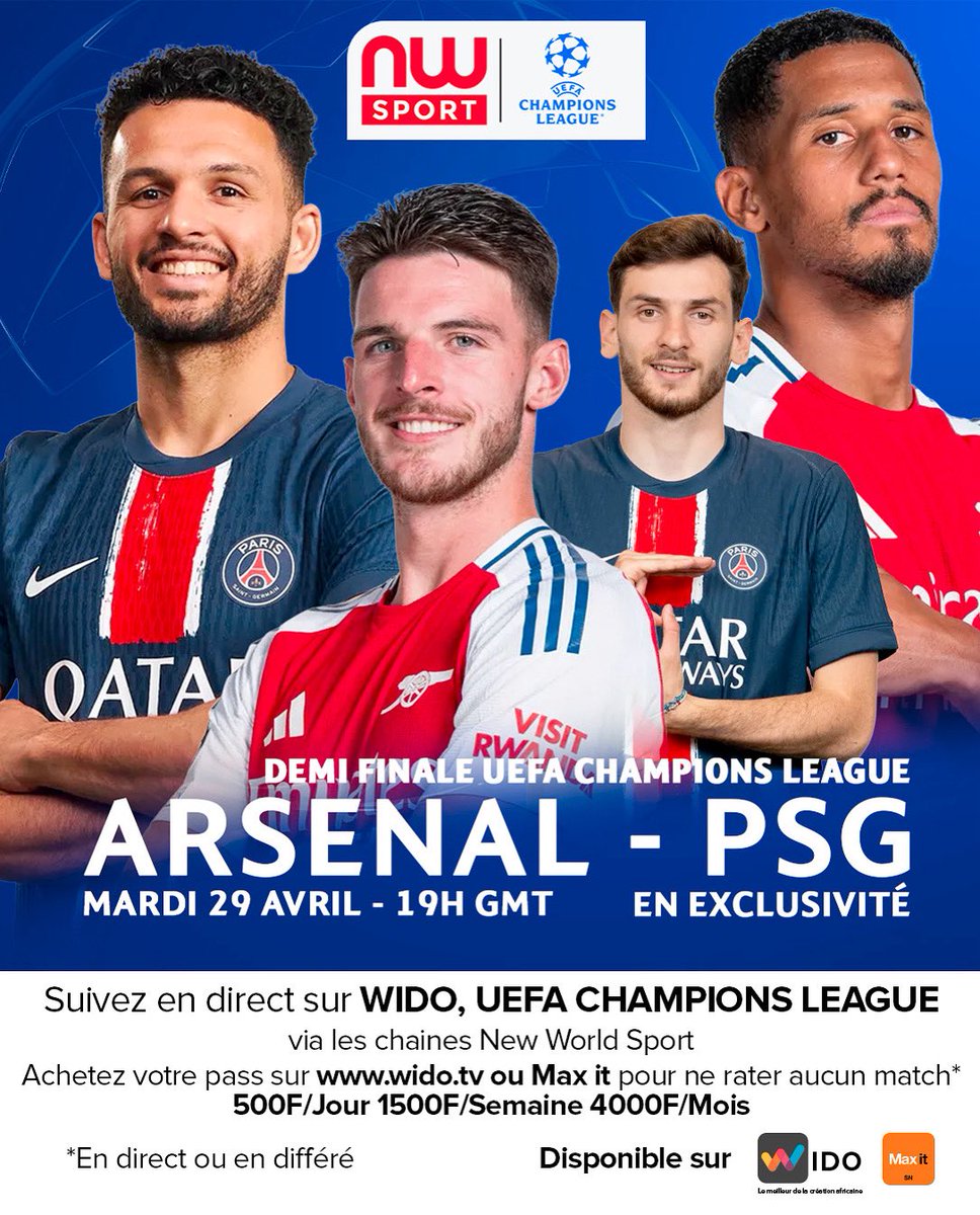 wido_tv's tweet photo. Le choc de la soirée, c’est aujourd’hui sur https://t.co/I1hfy4owwg 🤩💯

Achetez dès maintenant votre pass sur https://t.co/j6gkDm7J7I ou via Max it, à partir de 500 F seulement. 🔥

Team Gunners ou Team Parisien ? 😇

#Wido #maxit  #NewWorldSport #newworldtv #Foot #ArsenalPSG #MatchenDirect #UCL