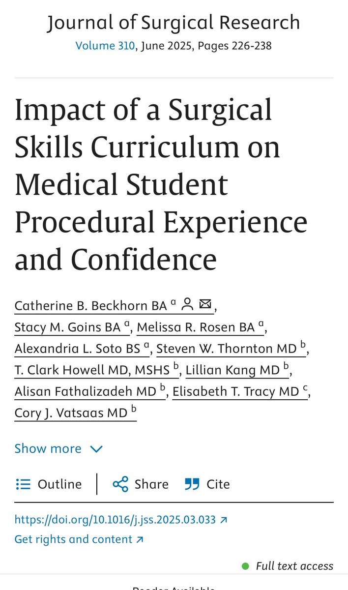 Alexandria (Alex) Soto (@alexandriasoto_) on Twitter photo A labor of love! Congrats <a href="/CatieBeckhorn/">Catherine Beckhorn</a> on your <a href="/JSurgRes/">Journal of Surgical Research</a> publication📝
This study shows pre clerkship skills sessions boost confidence but don’t always align with real clerkship tasks. Ongoing curriculum review is essential to trainee education!
🔗authors.elsevier.com/c/1l05H578Xlo98 A labor of love! Congrats <a href="/CatieBeckhorn/">Catherine Beckhorn</a> on your <a href="/JSurgRes/">Journal of Surgical Research</a> publication📝
This study shows pre clerkship skills sessions boost confidence but don’t always align with real clerkship tasks. Ongoing curriculum review is essential to trainee education!
🔗authors.elsevier.com/c/1l05H578Xlo98