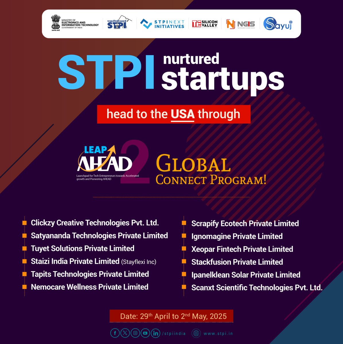 STPI (@stpiindia) on Twitter photo Thread 1: Meet the 12 pioneering startups nurtured by STPI, heading to the USA under the Leap Ahead Global Connect Program.
<a href="/AshwiniVaishnaw/">Ashwini Vaishnaw</a> <a href="/JitinPrasada/">Jitin Prasada जितिन प्रसाद</a> <a href="/SecretaryMEITY/">S Krishnan</a> <a href="/arvindtw/">Arvind Kumar</a> <a href="/TiEDelhi/">TiE Delhi-NCR</a> <a href="/TiEGlobal/">TiE Global</a> <a href="/tieglobalangels/">TIE Global Angels</a> <a href="/tiesv/">TiE Silicon Valley</a> Thread 1: Meet the 12 pioneering startups nurtured by STPI, heading to the USA under the Leap Ahead Global Connect Program.
<a href="/AshwiniVaishnaw/">Ashwini Vaishnaw</a> <a href="/JitinPrasada/">Jitin Prasada जितिन प्रसाद</a> <a href="/SecretaryMEITY/">S Krishnan</a> <a href="/arvindtw/">Arvind Kumar</a> <a href="/TiEDelhi/">TiE Delhi-NCR</a> <a href="/TiEGlobal/">TiE Global</a> <a href="/tieglobalangels/">TIE Global Angels</a> <a href="/tiesv/">TiE Silicon Valley</a>