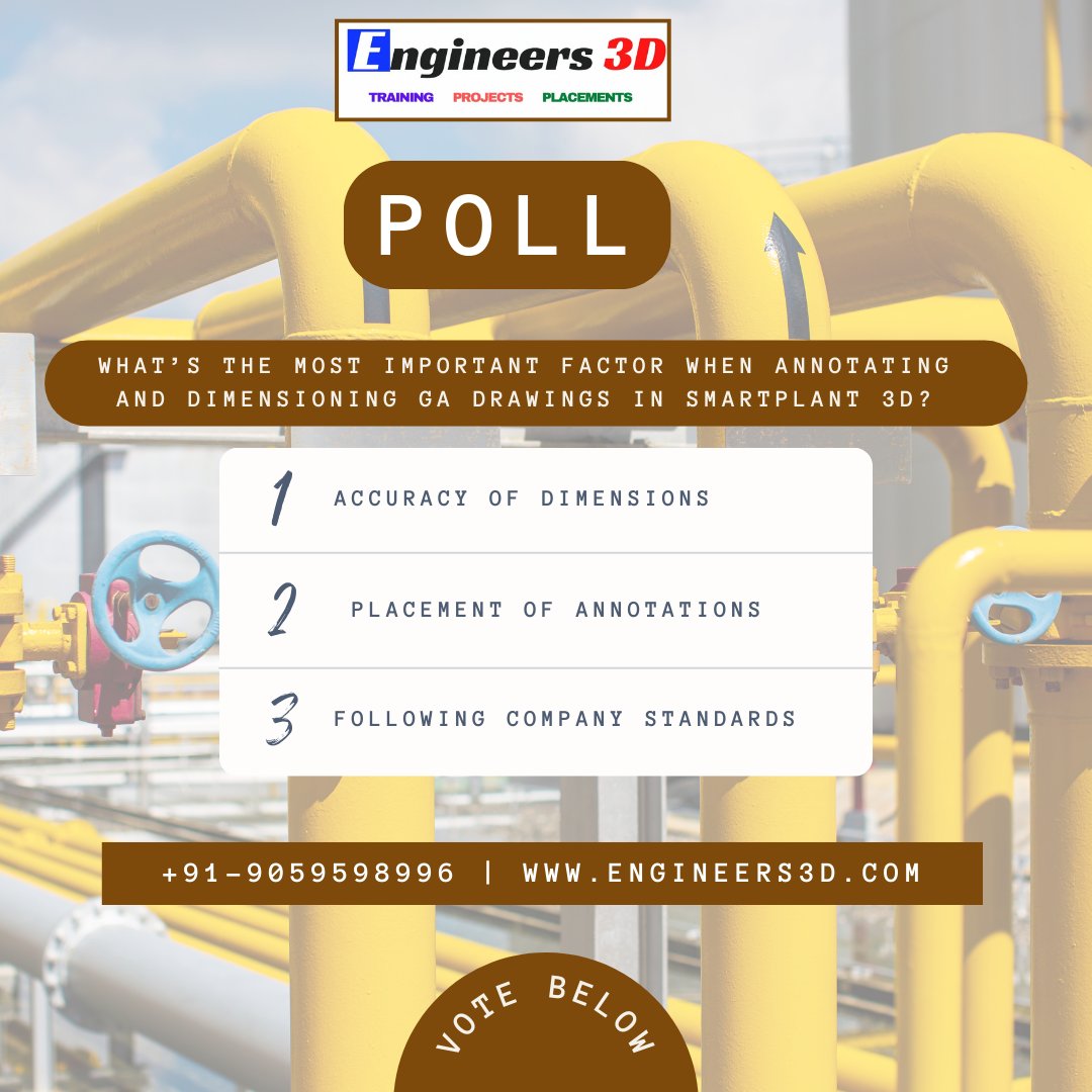 Engineers3d's tweet image. 🛠️ Piping pros, it’s time to flex your SP3D brain! 💥 What really matters when dimensioning GA drawings? Vote now &amp;amp; let’s settle it in style! 😎👇
#SP3D #PipingLife #EngineeringVibes #CADLife #3DDesign #SmartPlant3D #PipeMasters #GAInsights #DraftingGoals #TechEngineers