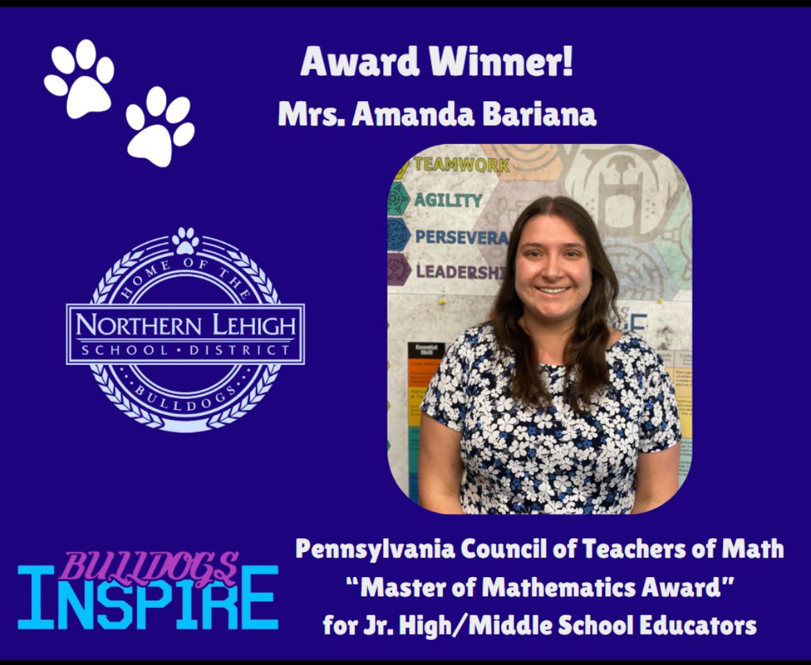 Mr. Hauser (@mrhausernlsd) on Twitter photo I am proud to announce that <a href="/NorthernLehigh/">Northern Lehigh School District</a> MS teacher, Mrs. Bariana, has been awarded the "Master of Mathematics" for Jr. High and Middle-Level math instruction by the PA Council of Teachers of Mathematics. Mrs. Bariana will receive this honor at the annual PCTM conference. I am proud to announce that <a href="/NorthernLehigh/">Northern Lehigh School District</a> MS teacher, Mrs. Bariana, has been awarded the "Master of Mathematics" for Jr. High and Middle-Level math instruction by the PA Council of Teachers of Mathematics. Mrs. Bariana will receive this honor at the annual PCTM conference.