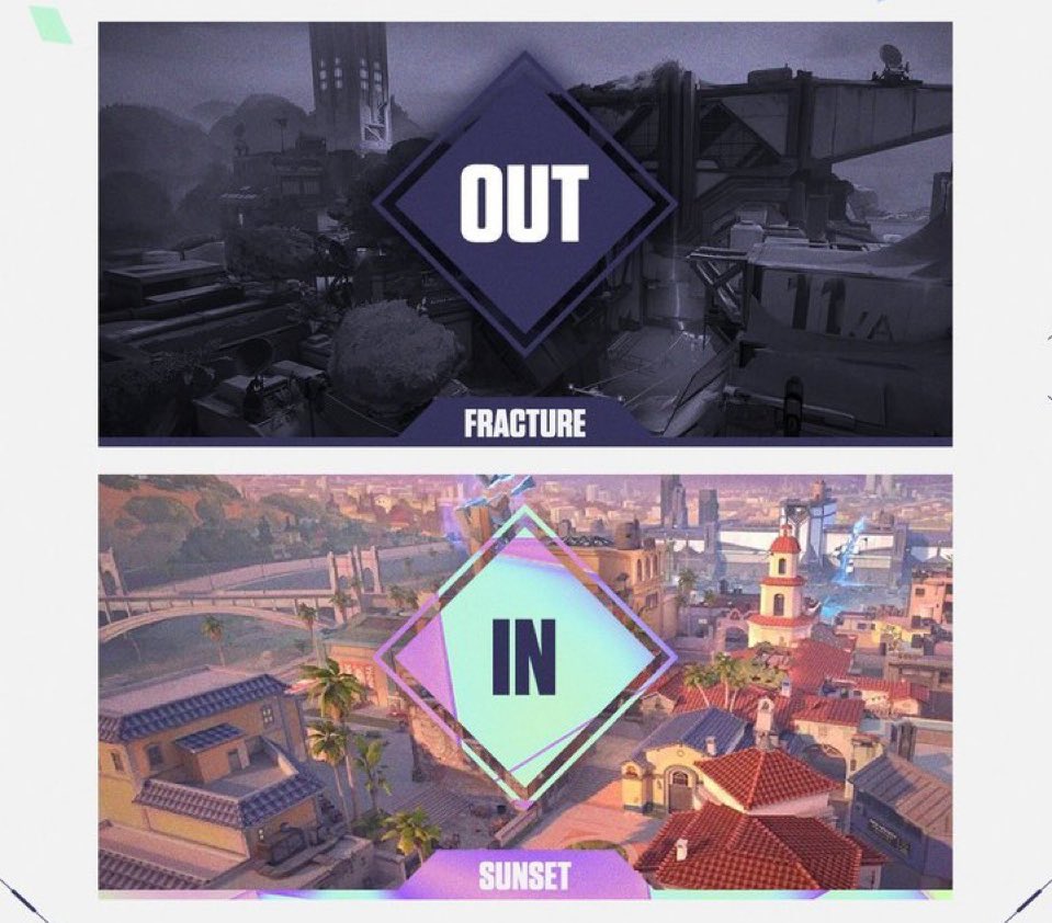 ValorLeaks's tweet image. STARTING TODAY | #VALORANT

Fracture is OUT and Sunset is IN the Competitive Map Rotation.