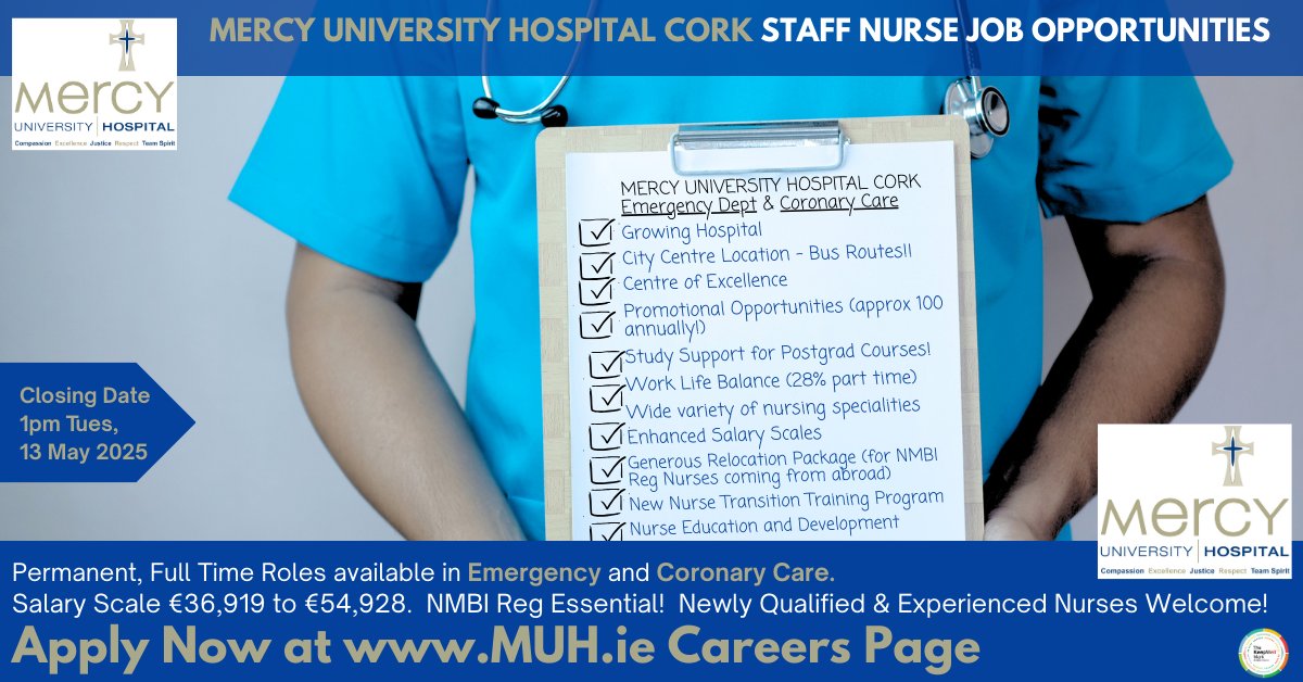 Deirdre O'Riordan (@deeoriordan8) on Twitter photo 👋#Nurses! <a href="/Mercycork/">Mercy University Hospital Cork</a> have opportunities for #NMBI Reg Nurses:
✔#EmergencyDepartment - Perm, Full Time roles. See here: api.occupop.com/.../staff-nurs…
✔#CoronaryCare Unit - Perm, Full Time roles. See here: api.occupop.com/.../staff-nurs…
Deadline 1pm, Tues 13 May 2025.
#HSEJobs 👋#Nurses! <a href="/Mercycork/">Mercy University Hospital Cork</a> have opportunities for #NMBI Reg Nurses:
✔#EmergencyDepartment - Perm, Full Time roles. See here: api.occupop.com/.../staff-nurs…
✔#CoronaryCare Unit - Perm, Full Time roles. See here: api.occupop.com/.../staff-nurs…
Deadline 1pm, Tues 13 May 2025.
#HSEJobs