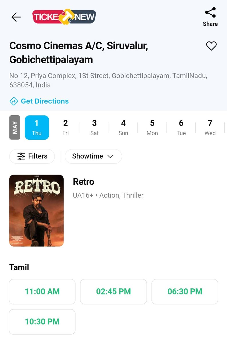 Cosmo Cinemas Siruvalur (@siruvalur_cosmo) on Twitter photo #Retro
BOOKINGS OPEN NOW‼️💥
<a href="/Siruvalur_Cosmo/">Cosmo Cinemas Siruvalur</a> A/C | 2K DOLBY 7.1
Show begins @ 11:00 AM | 02:45 PM | 06:30 PM | 10:30 PM
Book your tickets now <a href="/TicketNew/">TicketNew</a> <a href="/lifeindistrict/">District</a>🎟️
<a href="/Haricosmo/">HARI</a>
<a href="/Suriya_offl/">Suriya Sivakumar</a> <a href="/karthiksubbaraj/">karthik subbaraj</a>
<a href="/hegdepooja/">Pooja Hegde</a> <a href="/Harshath_rvs/">Harshath RVS</a>
<a href="/Music_Santhosh/">Santhosh Narayanan</a> <a href="/KanthaswamyC/">Kanthaswamy Arts Centre</a> #Retro
BOOKINGS OPEN NOW‼️💥
<a href="/Siruvalur_Cosmo/">Cosmo Cinemas Siruvalur</a> A/C | 2K DOLBY 7.1
Show begins @ 11:00 AM | 02:45 PM | 06:30 PM | 10:30 PM
Book your tickets now <a href="/TicketNew/">TicketNew</a> <a href="/lifeindistrict/">District</a>🎟️
<a href="/Haricosmo/">HARI</a>
<a href="/Suriya_offl/">Suriya Sivakumar</a> <a href="/karthiksubbaraj/">karthik subbaraj</a>
<a href="/hegdepooja/">Pooja Hegde</a> <a href="/Harshath_rvs/">Harshath RVS</a>
<a href="/Music_Santhosh/">Santhosh Narayanan</a> <a href="/KanthaswamyC/">Kanthaswamy Arts Centre</a>
