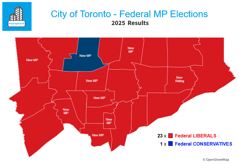 [Toronto, ON] APRIL 2025 - Federal Election Results by Riding.

🔴 FEDERAL LIBERALS (23 x MP Seats w/ 7-Rookie MPs)
🔵 FEDERAL CONSERVATIVES (1 x Rookie MP Seat)

Our #AffordableHousing volunteers are available to assist w/ MP &amp; Staff briefings &amp; tours. 

x.com/HousingNowTO/s…