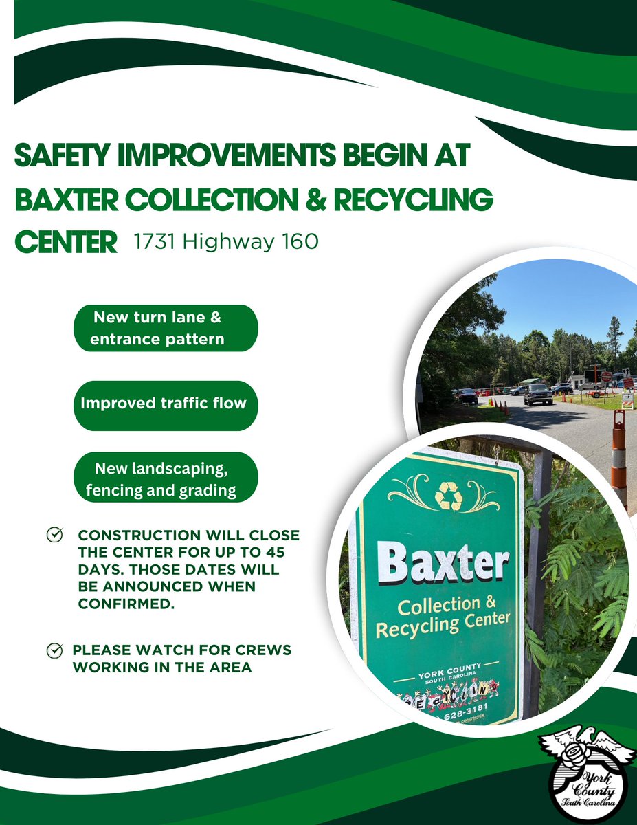 Safety improvements are now beginning at the Baxter Collection &amp; Recycling Center on Hwy 160. <a href="/YCRecycling/">York Co. Recycling</a>