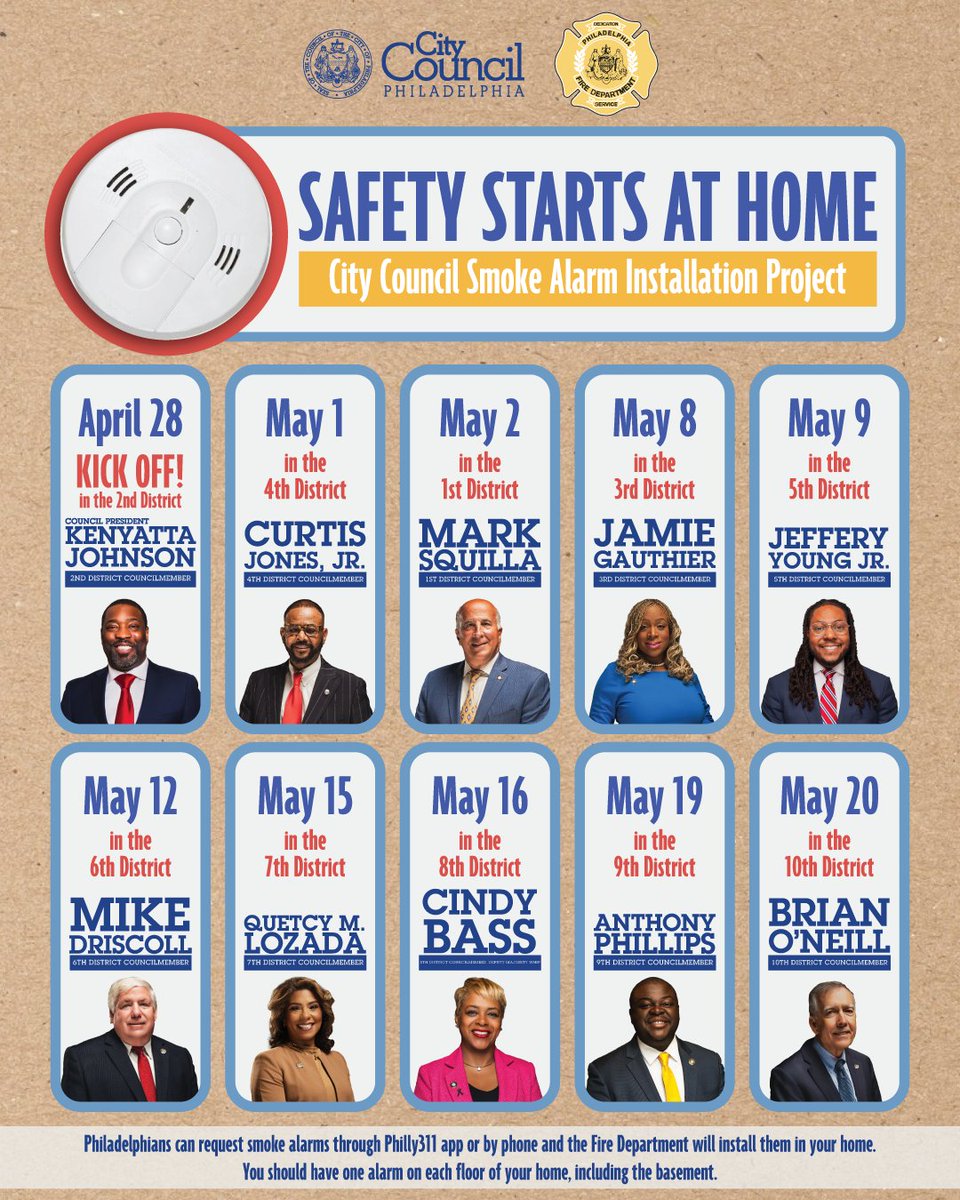 🚨 Philly is rolling out district-by-district smoke alarm installations starting April 28.

📍10 Council Districts
📅 April 28–May 20
🧯 Fire safety saves lives. Spread the word.

Full schedule ⬇️

#PHLCouncil #FireSafety #SmokeAlarms