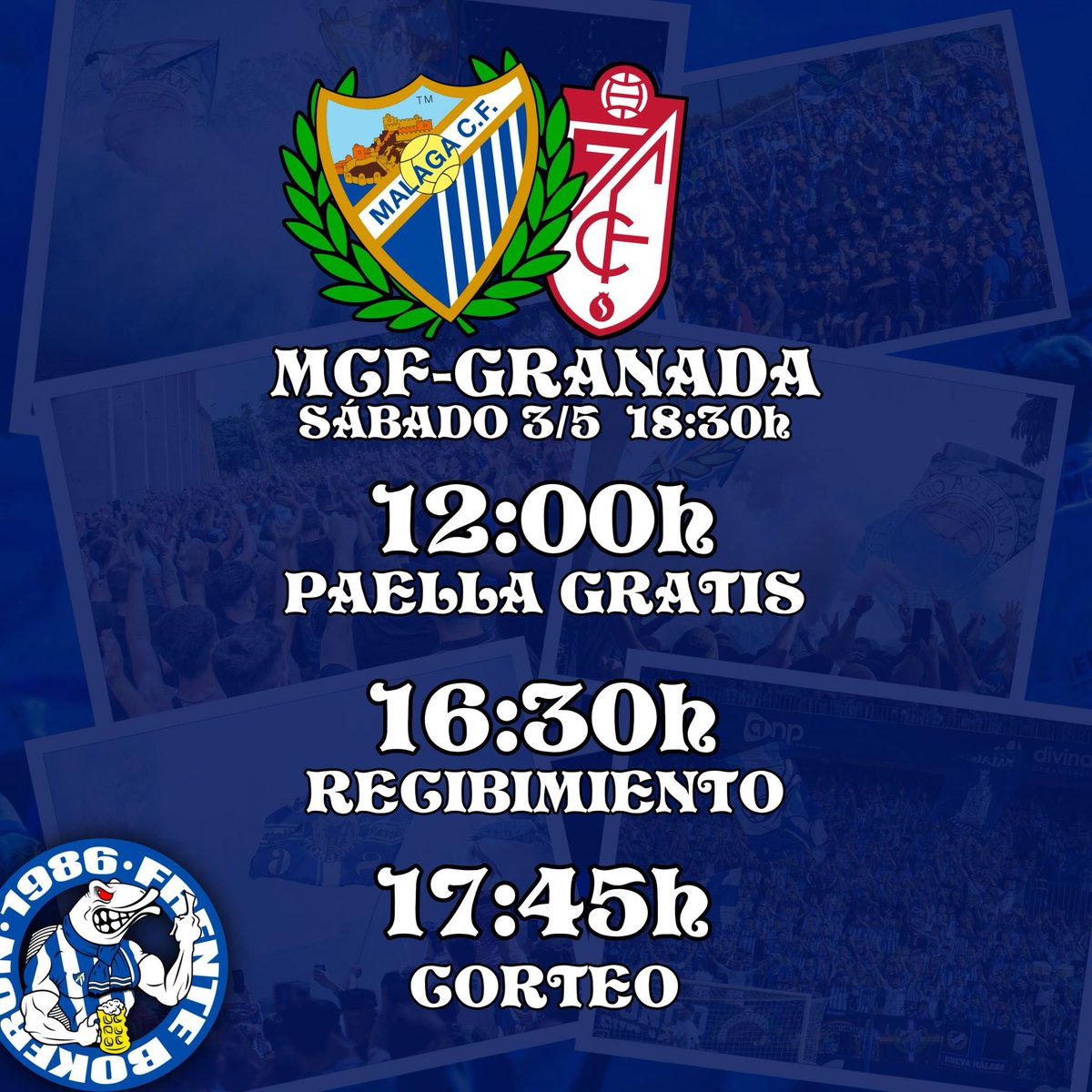 ¡El sábado nos jugamos mucho malaguistas!

#PonteLaBlanquiazul y hagamos que La Rosaleda se llene a reventar, cual bombonera, con nuestros colores.

🚌 💥A las 16:30h recibimiento al <a href="/MalagaCF/">Málaga CF</a> en la recta de tribuna.

🏟️🚶🏻Corteo hacia La Rosaleda a las 17:45h.

¡Forza Málaga!⚪️🔵