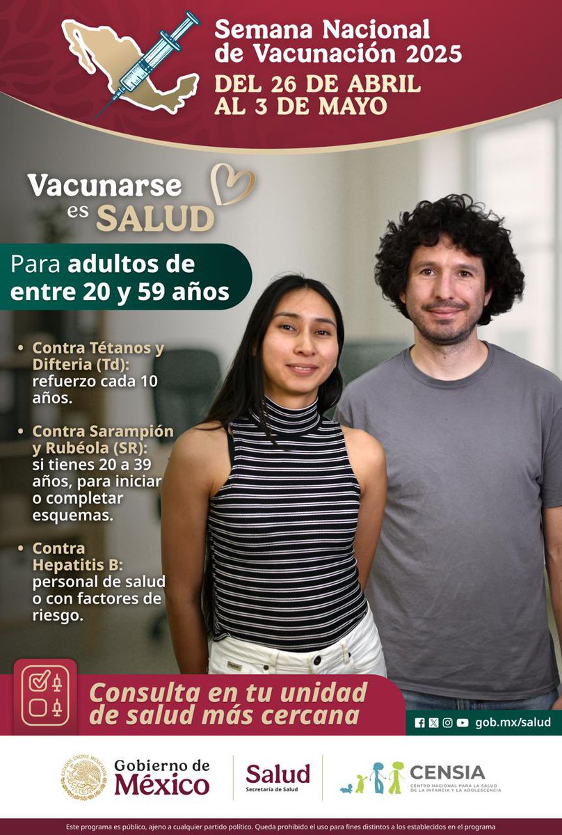 Estamos en la 1a. SEMANA NACIONAL DE VACUNACIÓN.
Es importante saber que todas y todos debemos vacunarnos para evitar enfermedades graves.
Puedes acudir a cualquier unidad de salud y te vacunarán de forma gratuita.