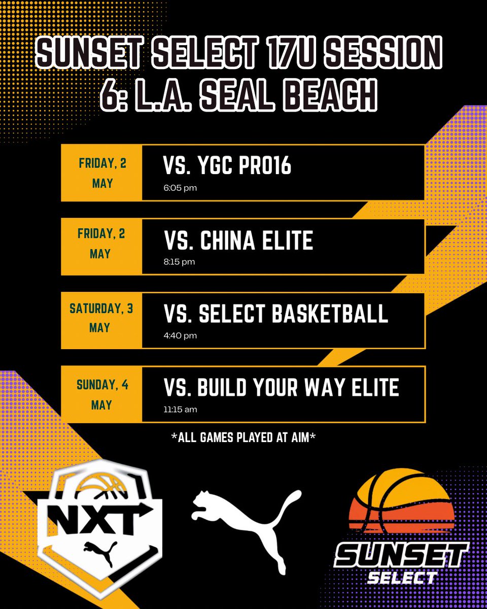 Sunset Select Hoops (@sunset_select) on Twitter photo Marquee matchups for our 4 groups as we stay home and play in Seal Beach this weekend!
Our 17u will be facing their first Pro16 matchup in a highly talented <a href="/YGC_ctx/">YGC Central Texas</a> club out of Dallas, Tx
Looking forward to an Explosive weekend! Marquee matchups for our 4 groups as we stay home and play in Seal Beach this weekend!
Our 17u will be facing their first Pro16 matchup in a highly talented <a href="/YGC_ctx/">YGC Central Texas</a> club out of Dallas, Tx
Looking forward to an Explosive weekend!