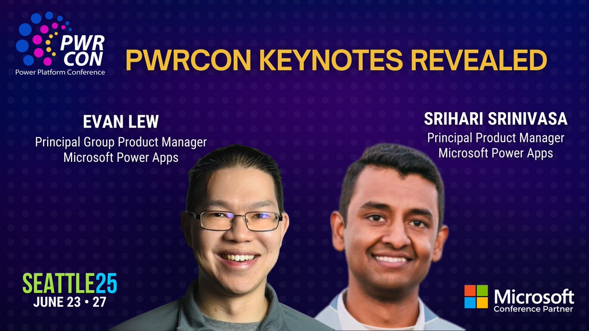 TechCon365's tweet image. ⚡ PWRCON’s Keynote Speakers Revealed!

Get ready to be inspired at #PWRCON Seattle with Evan Lew and Srihari Srinivasa of Microsoft Power Apps! They&apos;ll share how Power Platform is transforming business through automation, analytics, and AI.

Don’t miss your chance to be part of…