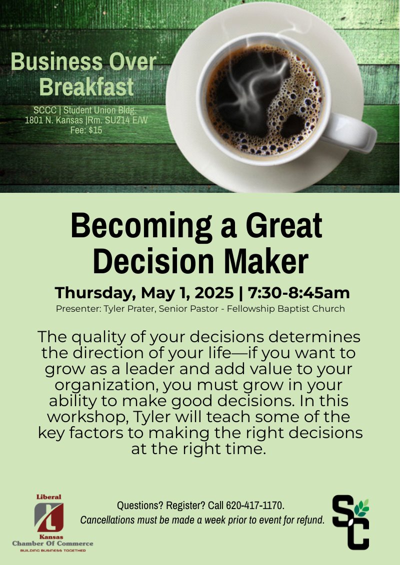 Want to boost your decision-making skills? Join us for Business Over Breakfast this Thursday! Learn how to make confident, effective decisions—plus, breakfast is on us. Register now! Call 620.417.1170 #Leadership #DecisionMaking #BusinessOverBreakfast