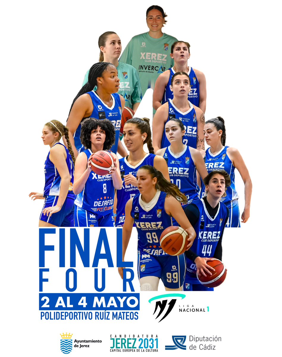 F4 N1 FEMENINO 🏀 | ¡Estamos listas para hacer historia!🙌🏻

⛹🏼‍♀️Del 2 al 4 de mayo, nuestro equipo luchará con el corazón por el título en la Final Four de la Liga Nacional N1

🤗Ven al Ruiz-Mateos, anima y forma parte de este momento inolvidable.

🫶🏻 <a href="/ciudadjerez/">Ayuntamiento de Jerez</a> <a href="/diputacioncadiz/">Diputación de Cádiz</a>