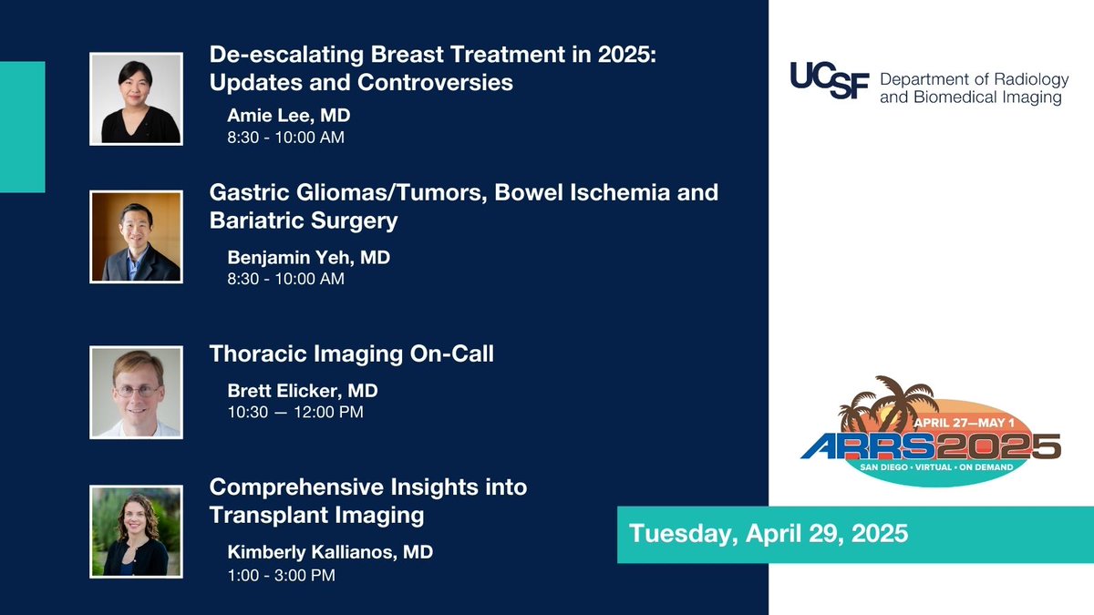 UCSF Imaging (@ucsfimaging) on Twitter photo Today at #ARRS25 ➡️ <a href="/UCSFimaging/">UCSF Imaging</a>'s Dr. Amie Lee on breast pathology, Dr. <a href="/yeh_benjamin/">Benjamin Yeh, MD</a> on new contrast strategies for bowel imaging, Dr. <a href="/brettelicker/">Brett Elicker</a> on acute lung disease on-call & Dr. <a href="/KimKallianos/">Kimberly Kallianos</a> on transplant imaging. First session starts at 8:30 AM!
<a href="/ARRS_Radiology/">ARRS</a> Today at #ARRS25 ➡️ <a href="/UCSFimaging/">UCSF Imaging</a>'s Dr. Amie Lee on breast pathology, Dr. <a href="/yeh_benjamin/">Benjamin Yeh, MD</a> on new contrast strategies for bowel imaging, Dr. <a href="/brettelicker/">Brett Elicker</a> on acute lung disease on-call & Dr. <a href="/KimKallianos/">Kimberly Kallianos</a> on transplant imaging. First session starts at 8:30 AM!
<a href="/ARRS_Radiology/">ARRS</a>