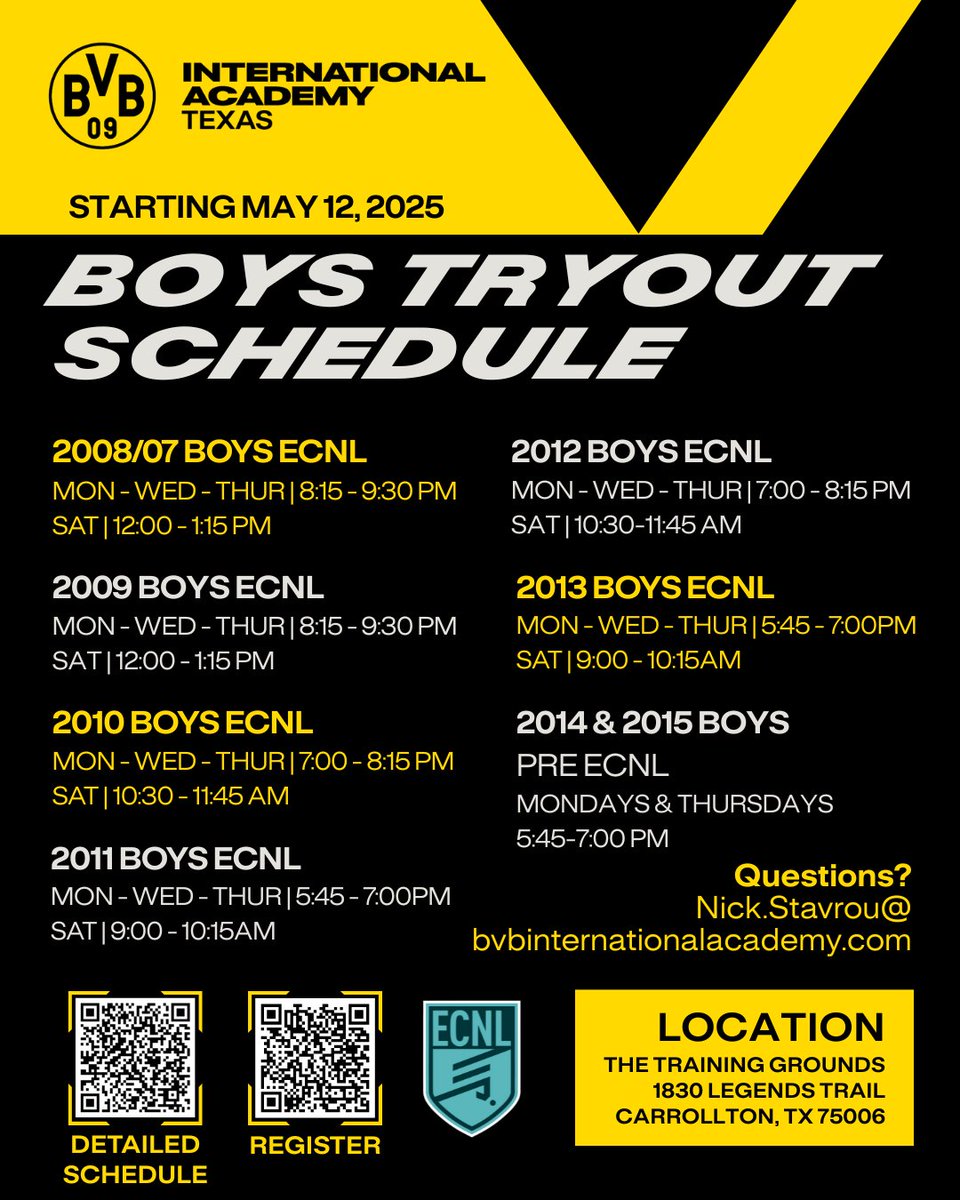 BVB International Academy North Texas (@bvbiantx) on Twitter photo Questions?
Nick.Stavrou@bvbinternationalacademy.com
Register for tryouts:
…nternationalacademy-ntx.sportngin.com/register/form/…
Detailed Tryout Schedule:
docs.google.com/spreadsheets/d… Questions?
Nick.Stavrou@bvbinternationalacademy.com
Register for tryouts:
…nternationalacademy-ntx.sportngin.com/register/form/…
Detailed Tryout Schedule:
docs.google.com/spreadsheets/d…