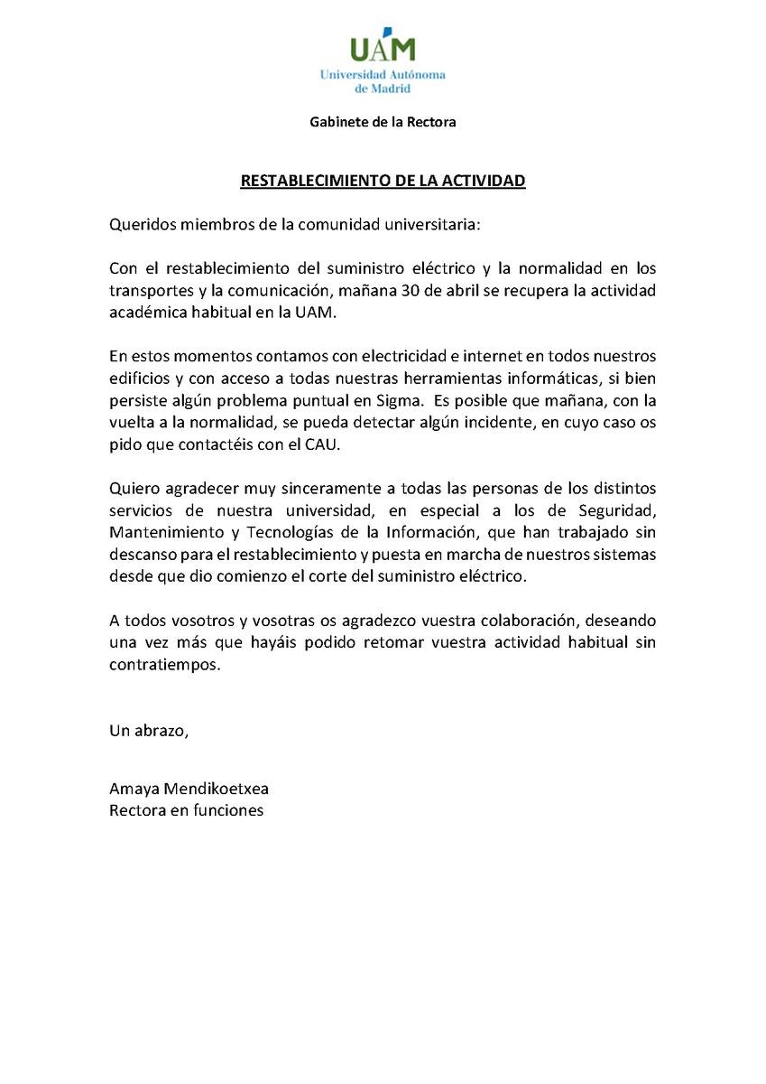 Comunicado de la Rectora