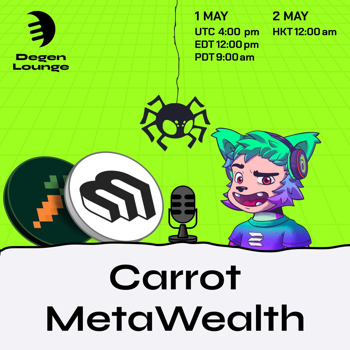 degen_lounge's tweet photo. The Degen Lounge weekly space is brought to you by @spdrswap &amp; @banx_gg 🕷️ x 💵

Hosted by @solquicks with our special guest:
> @DeFiCarrot 
> @MetaWealth 

Set your reminder for Thursday [12pm noon EST] and drop a comment below 👇 https://t.co/W07yR8Jl9R