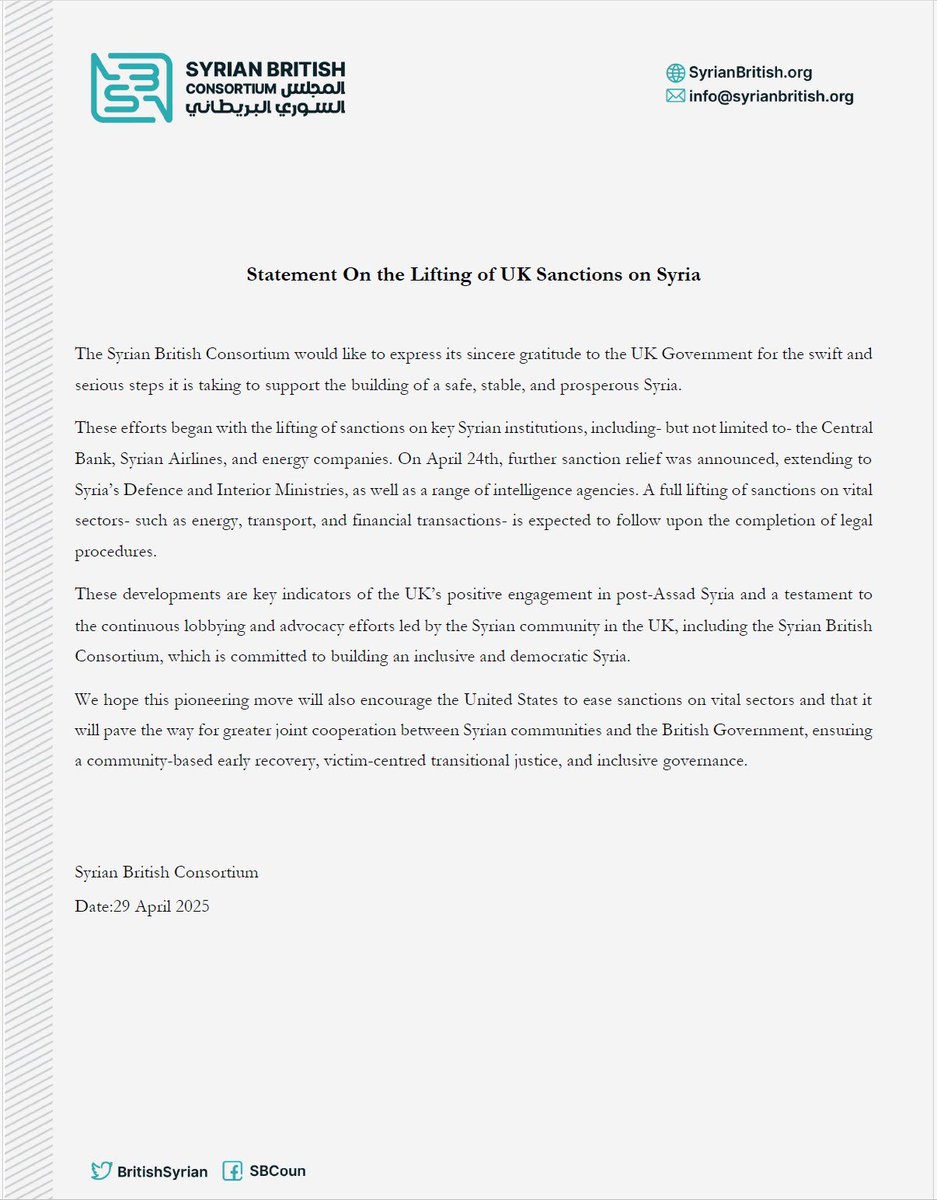 BritishSyrian's tweet image. The SBC expresses its gratitude to the UK Government for the steps it’s taking to support the building of a safe, stable, and prosperous Syria. Hoping that such developments will encourage the US to ease sanctions on vital sectors.
🔗 Full Statement 👇🏼:
syrianbritish.org/statement-on-t…