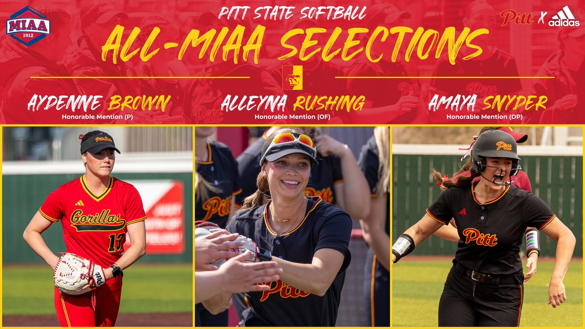 Pitt State Athletics ๐ฆ (@pittstgorillas) on Twitter photo ๐จALL-MIAA๐จ
Three members of the Pitt State Softball program earn Honorable Mention All-MIAA recognition ๐ฆ๐ฅ
๐ฅP Aydenne Brown
๐ฅOF Alleyna Rushing
๐ฅDP Amaya Snyder
<a href="/Gorilla_SFB/">Pitt State Softball ๐ฅ</a>|<a href="/pittstate/">Pittsburg State</a> ๐จALL-MIAA๐จ
Three members of the Pitt State Softball program earn Honorable Mention All-MIAA recognition ๐ฆ๐ฅ
๐ฅP Aydenne Brown
๐ฅOF Alleyna Rushing
๐ฅDP Amaya Snyder
<a href="/Gorilla_SFB/">Pitt State Softball ๐ฅ</a>|<a href="/pittstate/">Pittsburg State</a>