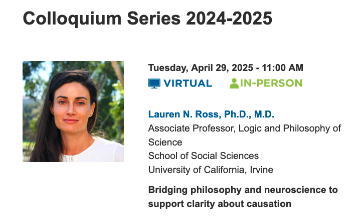 Giving a talk in the UCI Center for Neurobiology of Learning and Memory (CNLM) series today at 11am PST! <a href="/ucicnlm/">UCI CNLM</a> <a href="/UCIrvine/">UC Irvine</a> 🧠X➡️Y

Title: Bridging Philosophy and Neuroscience to Support Clarity About Causation 

Abstract and virtual login at link below.
cnlm.uci.edu/scientific-act…