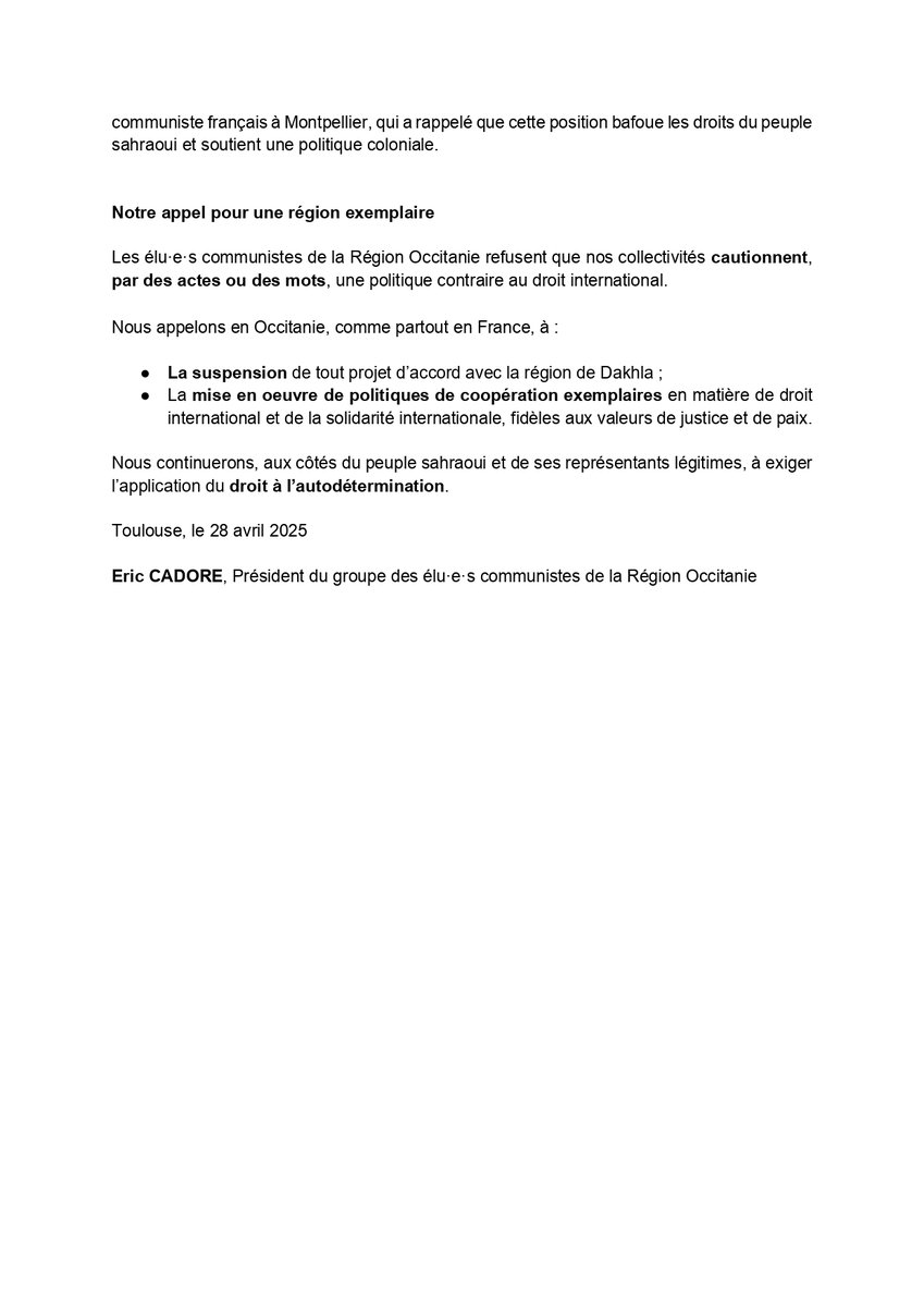 Les élu·es communistes d’Occitanie dénoncent l’accord avec Dakhla, territoire sahraoui occupé. Ils réaffirment leur solidarité avec le peuple sahraoui et appellent au respect du droit international.

📄 À lire : notre communiqué ci-dessous
#SaharaOccidental #DroitsHumains