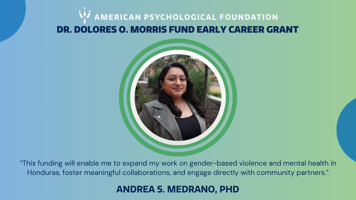 American Psychological Foundation (@ampsychfdn) on Twitter photo Congrats to <a href="/DrAndreaMedrano/">Andrea Medrano (Mora), Ph.D.</a> on receiving the Dr. Dolores O. Morris Fund Early Career Grant!✨ Dr. Medrano's research explores how cultural backgrounds shape trauma responses & aims to boost resilience and improve mental health care. We’re proud to support this important work! 💙 Congrats to <a href="/DrAndreaMedrano/">Andrea Medrano (Mora), Ph.D.</a> on receiving the Dr. Dolores O. Morris Fund Early Career Grant!✨ Dr. Medrano's research explores how cultural backgrounds shape trauma responses & aims to boost resilience and improve mental health care. We’re proud to support this important work! 💙