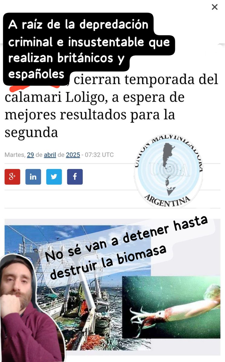 EFECTOS DE LA DEPREDACIÓN BRITÁNICO-ESPAÑOLA DE LOS RECURSOS PESQUEROS ARGENTINOS

La temporada de depredación ilegal británica del calamar Loligo en Malvinas ha sido cerrada debido a la destrucción de la biomasa. 

PD: Las islas se llaman #Malvinas, 
es.mercopress.com/2025/04/29/fal…