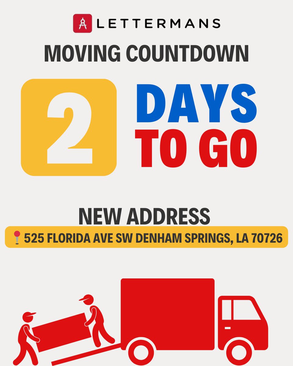 Lettermans's tweet photo. Just 2 days left until we are up and running at our new space!

We’re almost there — but don’t worry, it’s business as usual. Keep placing your orders through our website and email.

See you at the new location!
📍525 Florida Ave SW Denham Springs, LA 70726 https://t.co/q6g9KIwsCl