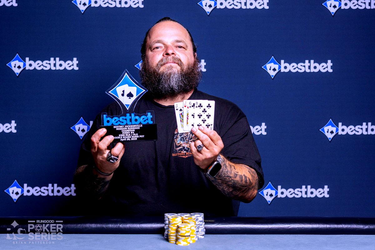 bestbet_jax's tweet photo. Charles Mayes battled a field of 102 total entries vying for a total prize pool of $24,990 in Event #4 $300 Double Board Bomb Pot NLH/PLO π£ Taking home first place, $7000 and the RunGood Ring & Trophy ππ
#bestbetJAX #rungoodpokerseries #missionrungood https://t.co/hAw6ypXVRh