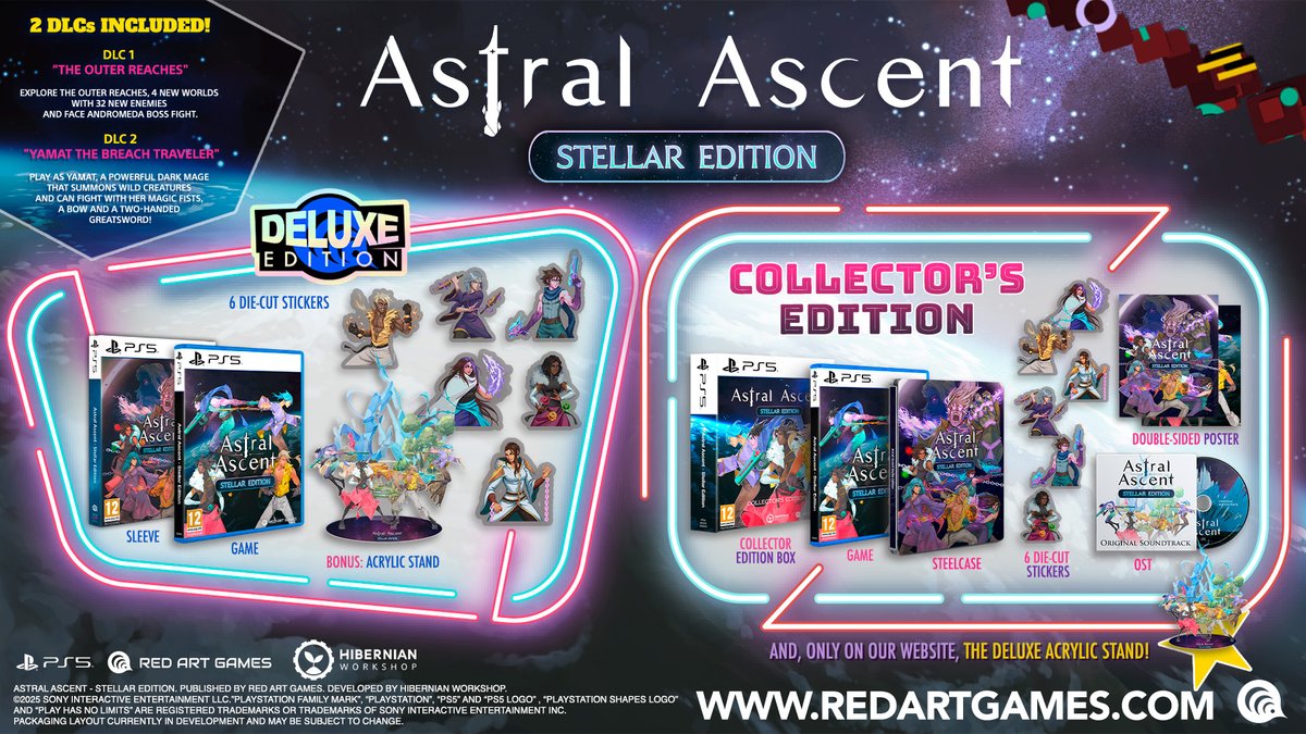 🌌 Astral Ascent - Stellar Edition is getting an upgraded European physical release on Nintendo Switch and PS5!

Available in both Deluxe and Collector’s Editions, packed with exclusive goodies for roguelite lovers and DLCs included on cart/disc! 🎮

✨ Critically acclaimed for