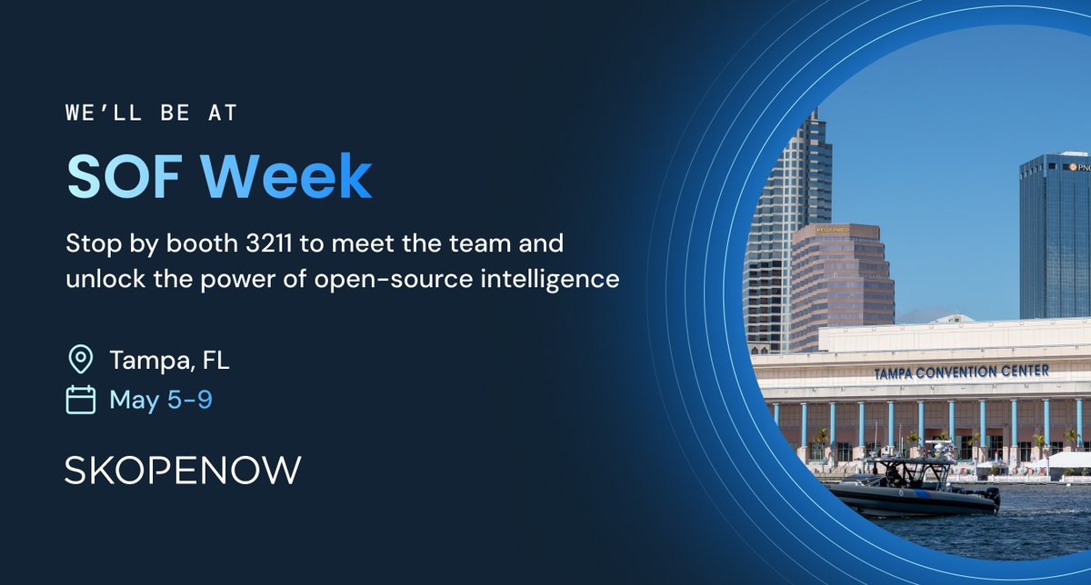 <a href="/Skopenow/">Skopenow</a> is proud to attend #SOFWeek next week, May 5-9! Visit us at booth 3211 to see how our comprehensive #OSINT platform helps special operations teams surface critical information and maintain global situational awareness.