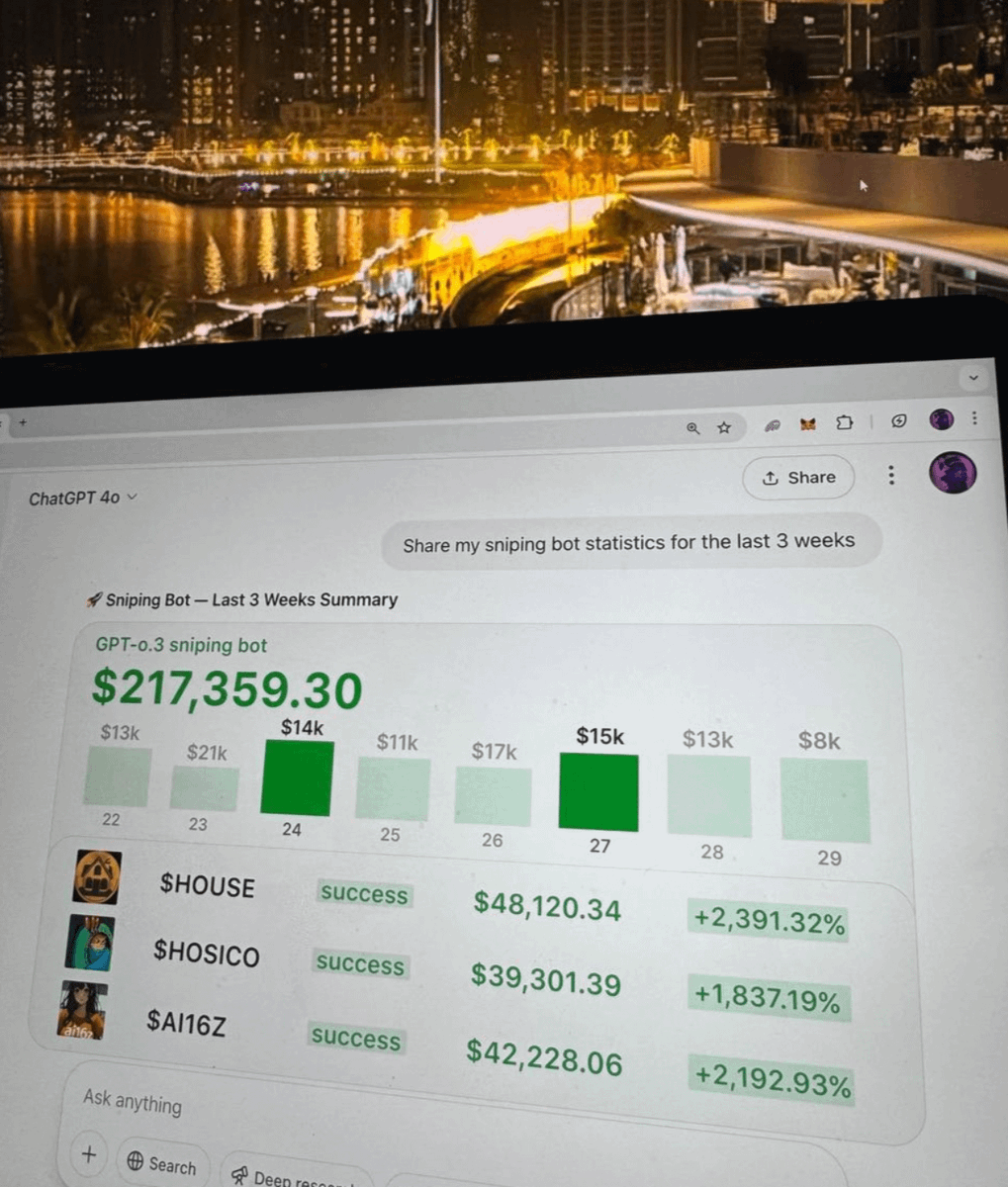DeFiTracer's tweet photo. I made $217,359 with automated sniping bot...

it just sniped: $HOUSE (217x), $HOSICO (191x)

I tried ≈5,000 rows of code to find 100x plays...

here's how to run it NOW and make $25,000/m passively 🧵👇

(my bot hidden inside) https://t.co/4BLuOdxggG