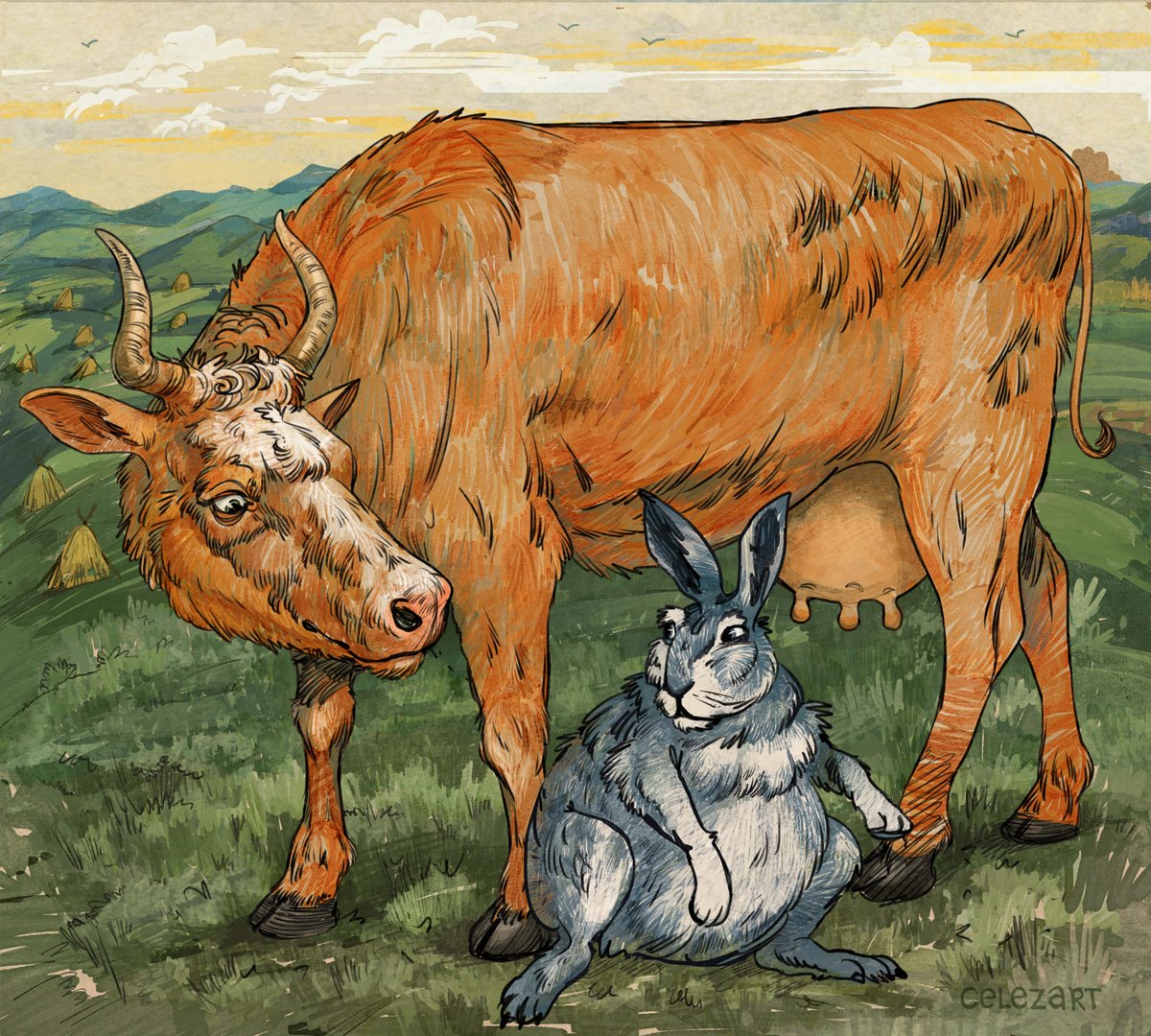 celezart's tweet image. Cute commission I drawing recently. That’s milkhare - variation of trollcat from Scandinavian folklore, a creature that serves a witch and by night it sneaks into farms to steal the milk from cows, and then delivers it back to the witch. That's why he's soo fatty!