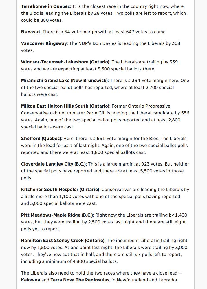 Helpful list from the CBC on which ridings remain too close to call. Liberals would need to flip 4 of these without losing any other seats in order to get to a majority. cbc.ca/news/politics/…