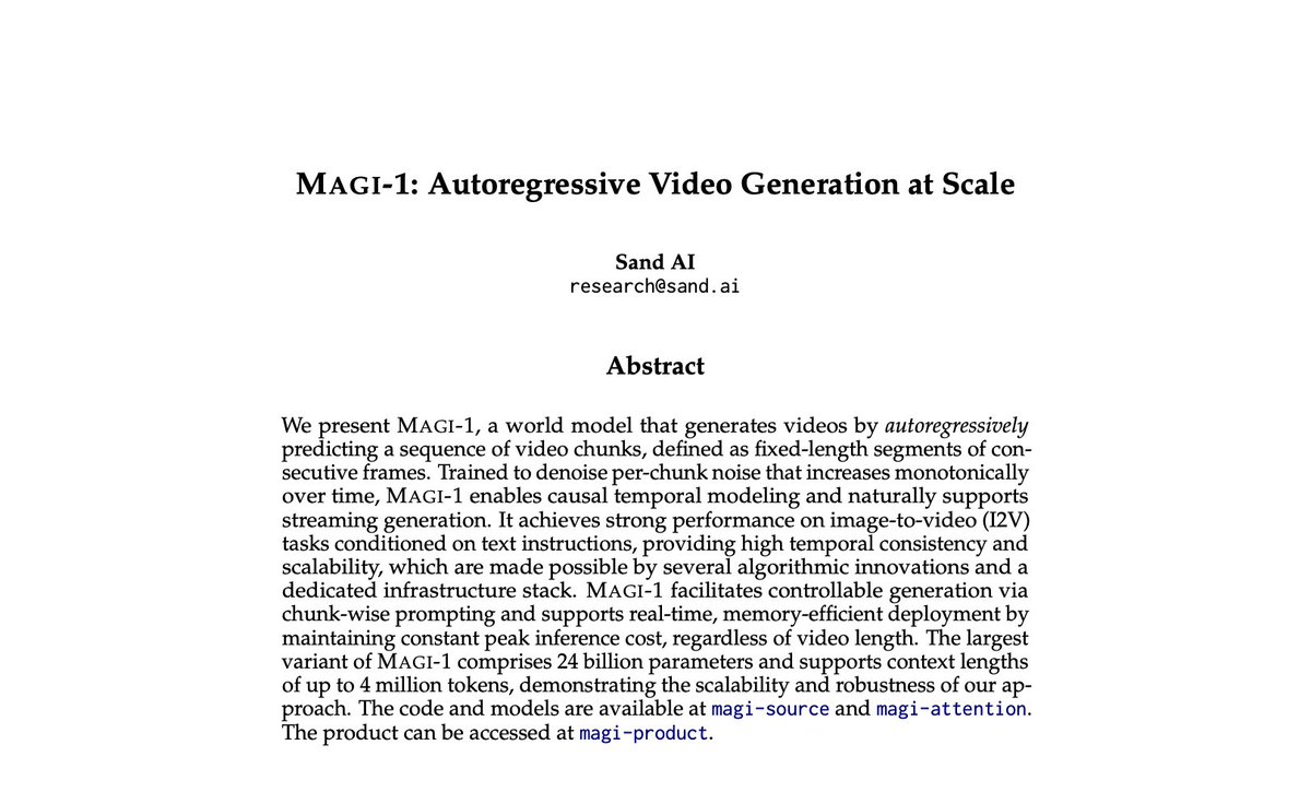 SandAI_HQ's tweet image. 📣 Tech Report on MAGI-1 - An Open-Source Autoregressive Video Model with Top-Tier Quality Output
- Paper: static.magi.world/static/files/M…
- Model & Code: github.com/sandai-org/MAG…
🌟 Highlights:
- New Technical Paradigm: Autoregressive denoising video generation
- End-to-end…