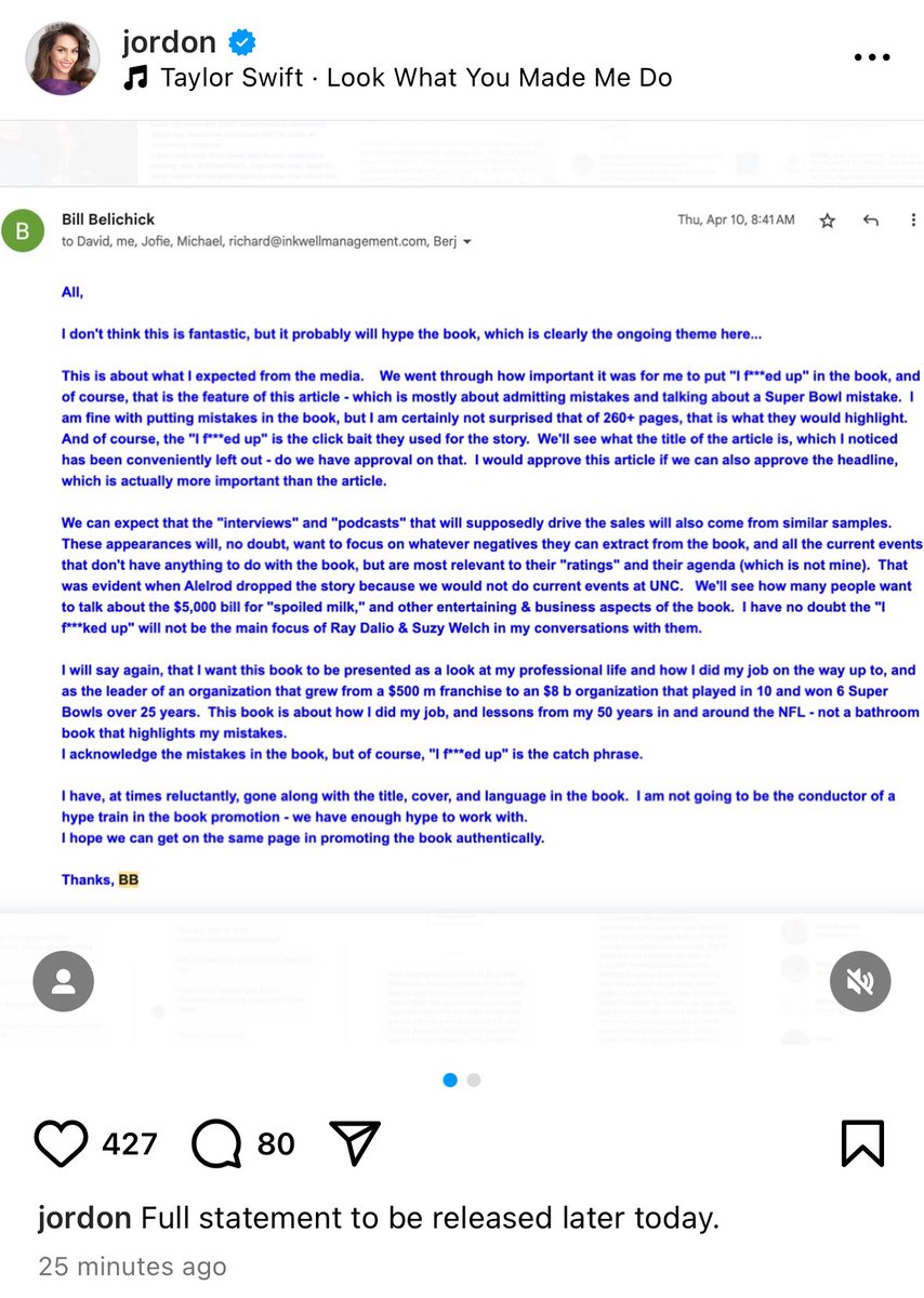 Nicole Auerbach (@nicoleauerbach) on Twitter photo Jordon Hudson has posted this screenshot of an email from Bill Belichick (from April 10?) on Instagram, accompanied by Taylor Swift’s Look What You Made Me Do: Jordon Hudson has posted this screenshot of an email from Bill Belichick (from April 10?) on Instagram, accompanied by Taylor Swift’s Look What You Made Me Do: