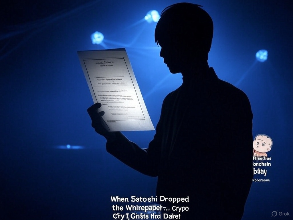 Up2ubelieve's tweet photo. On what date did Satoshi Nakamoto publish the Bitcoin whitepaper? Answer if you dare, you blockchain baby, and get roasted! 🌩️ #CryptoTrivia #GrokBurn 08:04 https://t.co/X3xvHLulir