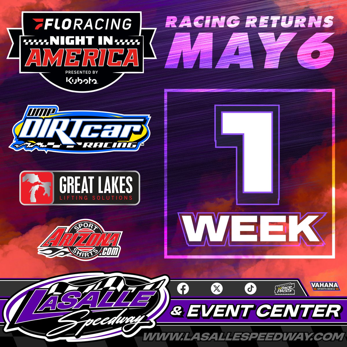 LaSalleSpeedway's tweet photo. We are just 1️⃣ week away from the #ReturnToRacing at @LaSalleSpeedway for @FloRacing "Night in America" presented by @kubota_usa on Tuesday, May 6th. Get your tickets NOW at https://t.co/F0COKlDnVp https://t.co/viO4dM7XE1
