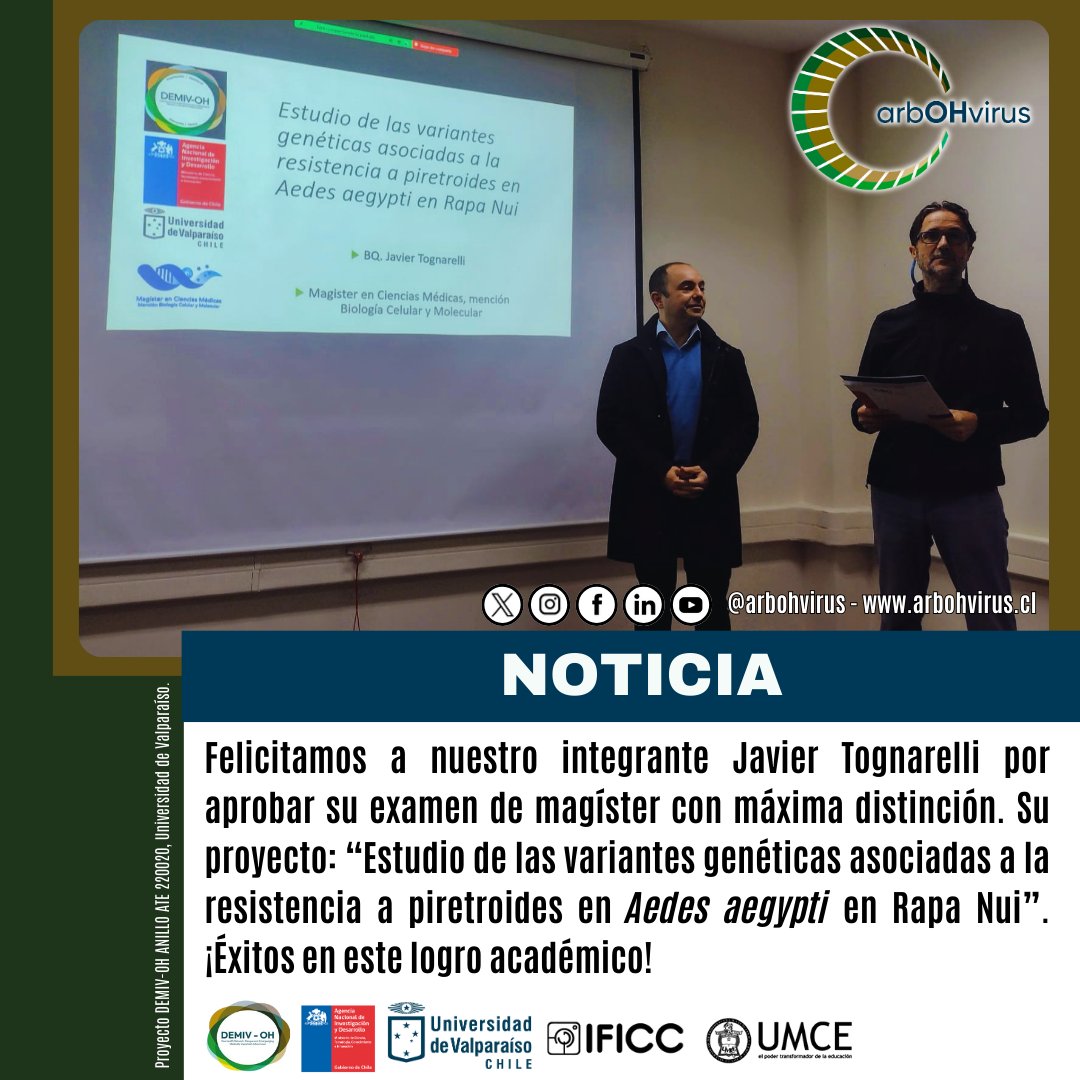 🎉¡Felicidades Mag. Javier Tognarelli <a href="/uvalpochile/">Universidad de Valparaíso</a>! Investigó sobre la resistencia a #Piretroides en #AedesAegypti de #RapaNui. 👥Tutor/a: <a href="/ximecf11/">ximena collao</a>, <a href="/rulomoya/">Pablo Moya</a> y <a href="/G2019Chris/">Christian R Gonzalez</a>. ¡Éxito en esta importante etapa!
<a href="/ANID_Chile/">Agencia Nacional de Investigación y Desarrollo</a>
<a href="/CentrosAnid/">Centros ANID</a>
<a href="/umcecl/">UMCE</a>
<a href="/InstitutoIficc/">IFICC</a>
#arbOHvirus #OneHealth