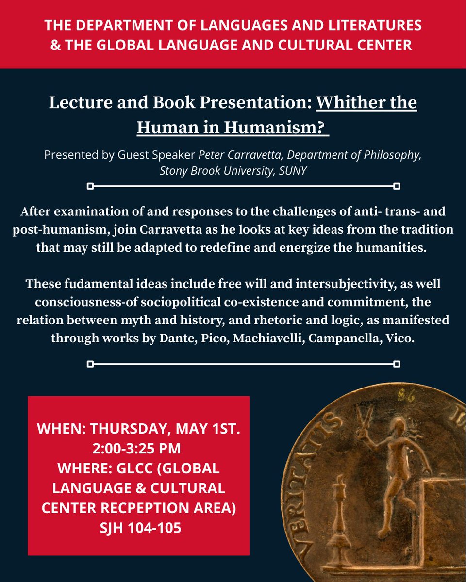 St. John's College of Liberal Arts and Sciences (@stjohnsartssci) on Twitter photo The Dept. of Languages & Literatures and the Global Language & Culture Center are pleased to host Peter Carravetta (Stony Brook Univ.) on Thurs, May 1 at 2PM as he explores post- & anti/trans-humanism to rethink the humanities. For more info, contact Dr. Russo: russof@stjohns.edu The Dept. of Languages & Literatures and the Global Language & Culture Center are pleased to host Peter Carravetta (Stony Brook Univ.) on Thurs, May 1 at 2PM as he explores post- & anti/trans-humanism to rethink the humanities. For more info, contact Dr. Russo: russof@stjohns.edu