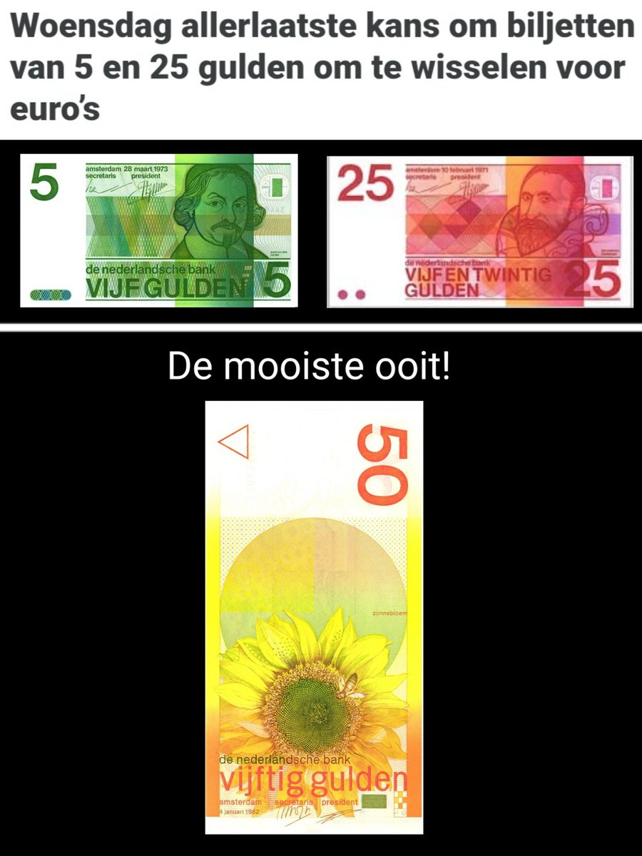 TonyHellings's tweet photo. Morgen kun je ze nog inwisselen bij de Nederlandse Bank. De oude 5 en 25 gulden. De andere biljetten nog tot 2032. Wat hadden we magnifiek bankpapier hier in Nederland! Voor mij is de Zonnebloem 50 gulden de fraaiste ooit. Hadden jullie ook een favoriet? #Weemoed https://t.co/4bosCYtOfO
