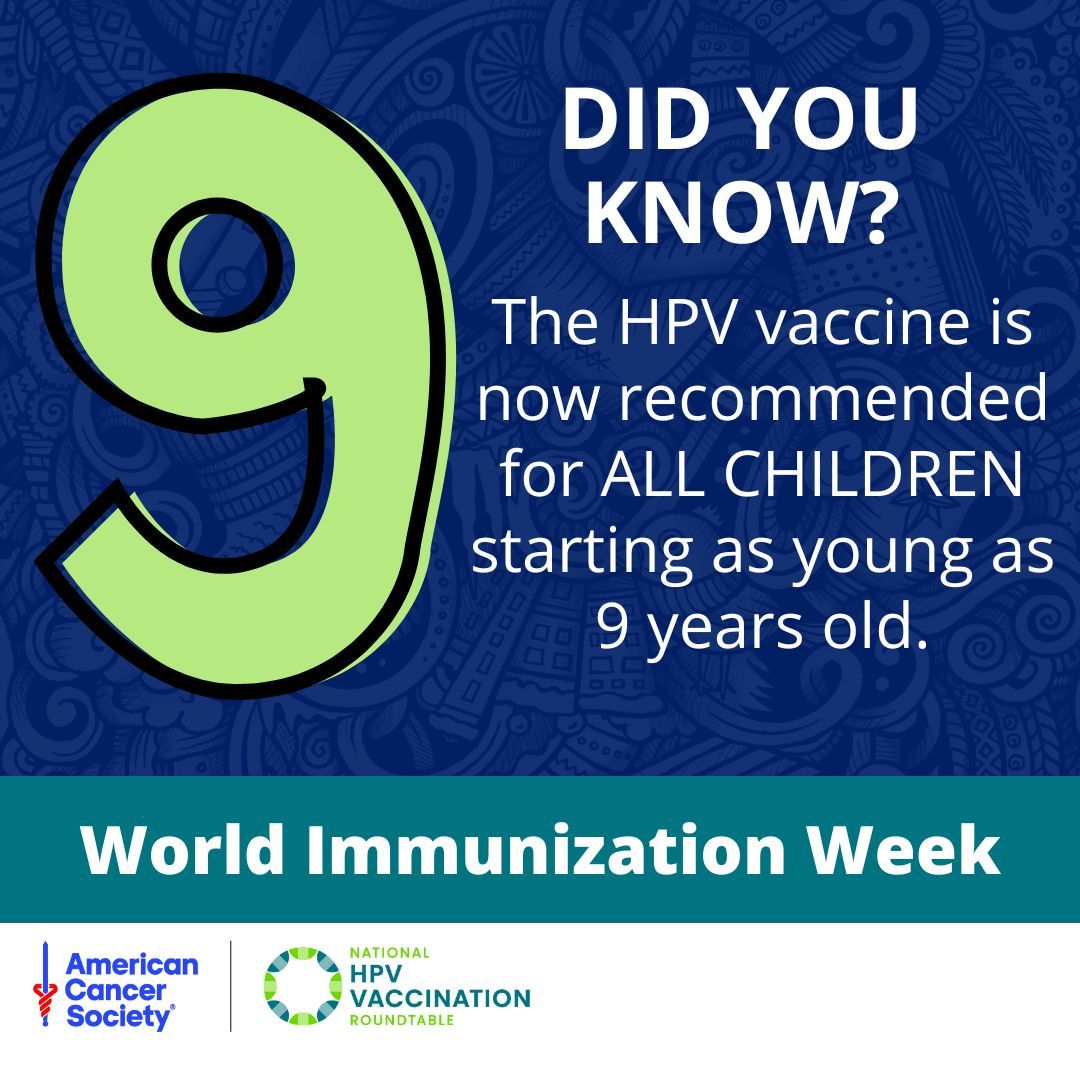 For World Immunization Week 2025, the ACS National HPV Vaccination Roundtable highlights the power of HPV vaccination as cancer prevention. Together, we can help prevent HPV-related cancer by starting vaccination at age 9.